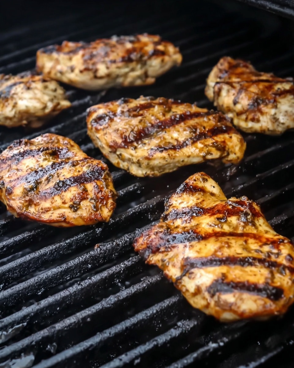The image shows six grilled chicken pieces placed on a black grill with visible char marks. Each piece is varied in size, with a golden-brown color and darker grill lines running diagonally across them. The chicken appears juicy with some areas showing seasoning and slight charring around the edges. The background is out of focus, emphasizing the texture and color of the grilled chicken pieces, photo taken with an iphone --ar 4:5 --v 7