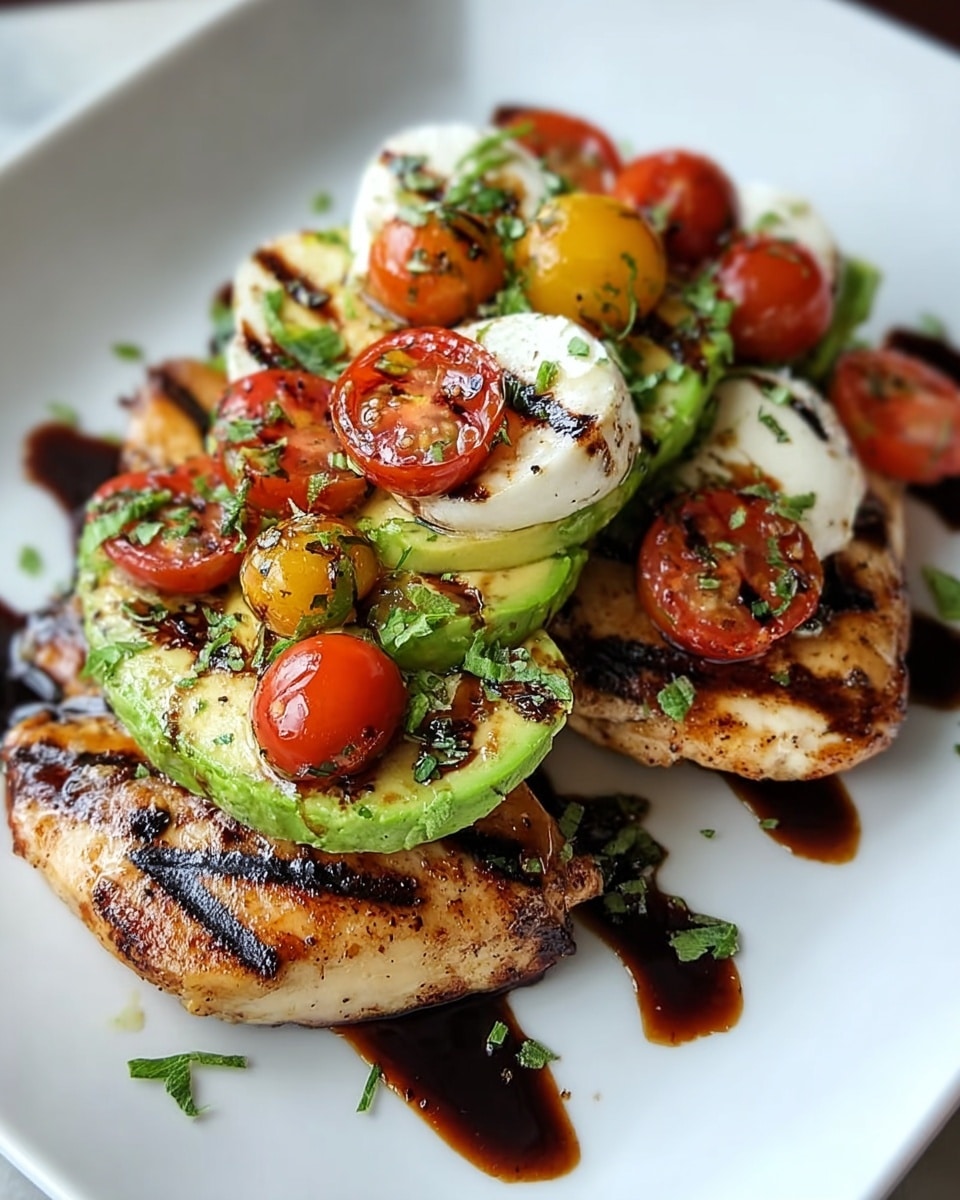 The dish shows two thick, grilled chicken pieces with dark char marks on their golden-brown surface, placed at the bottom on a white plate. On top of the chicken, there is a layer of bright green avocado slices and white mozzarella rounds, both with some grill marks. Scattered around and on top are halved cherry tomatoes, showing a bright red color with grill stripes. The dish is finished with a drizzle of dark balsamic glaze and small green herb pieces sprinkled all over. The white marbled surface can be seen around the plate edges photo taken with an iphone --ar 4:5 --v 7