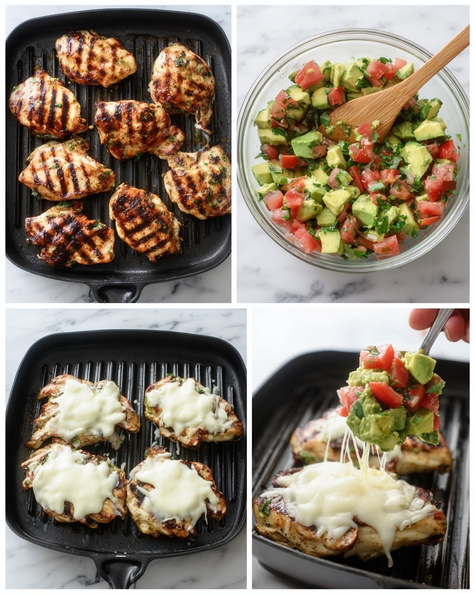 The image shows a four-step cooking process of a grilled chicken dish on a white marbled surface. The first step features five grilled chicken pieces on a grill pan, golden-brown with grill marks. The second step shows a clear glass bowl filled with a colorful diced salad made of green avocado chunks, red tomato pieces, and green leafy herbs, with a wooden spoon resting inside the bowl. The third step depicts the grilled chicken pieces back on the black grill pan, each topped with a thick layer of melted white cheese that looks smooth and slightly stretchy at the edges. The last step captures a woman's hand spooning the avocado and tomato salad onto the melted cheese-covered grilled chicken, creating a fresh, vibrant topping with green, red, and white colors layered on the chicken on the grill pan. Photo taken with an iphone --ar 4:5 --v 7