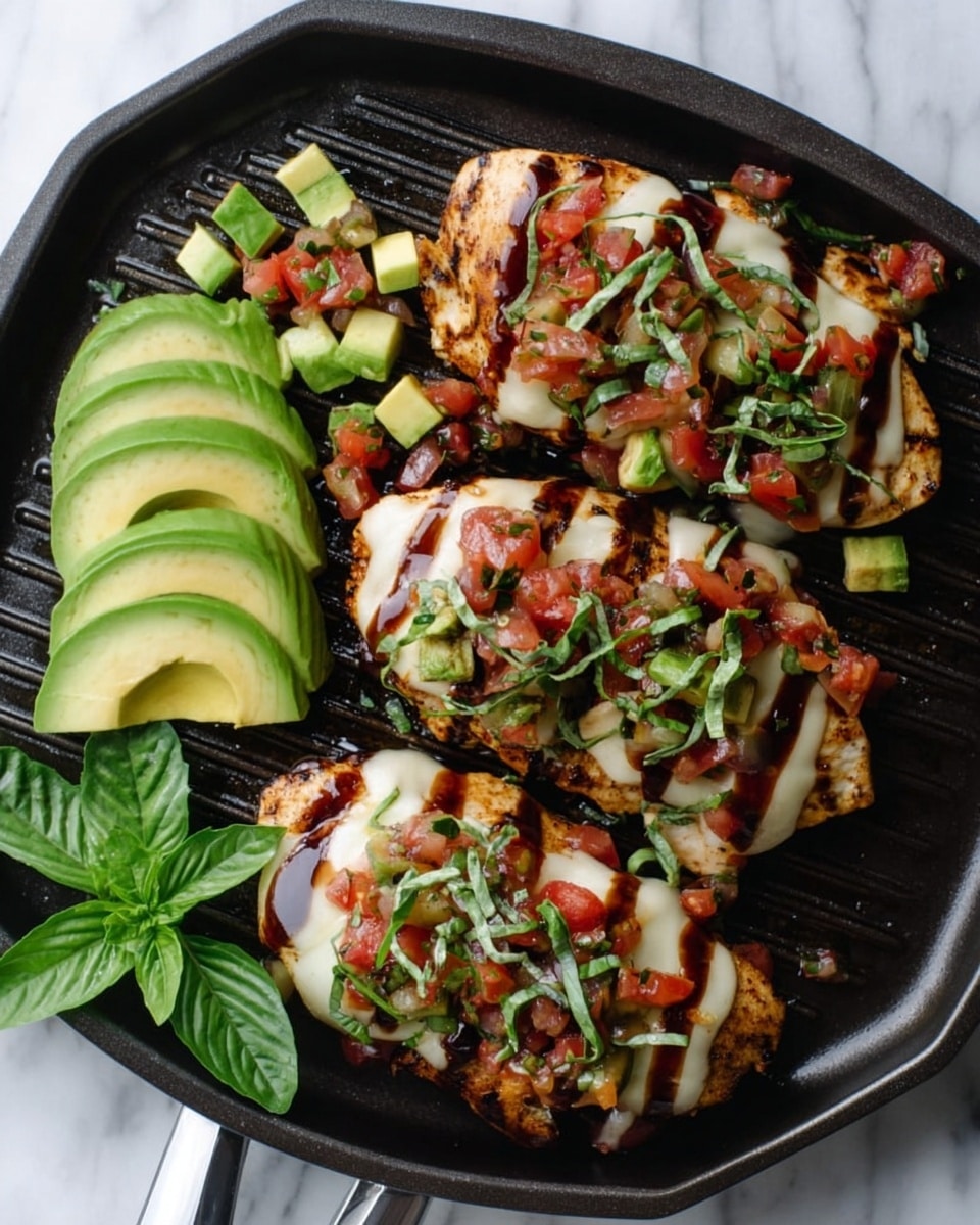 A black grill pan holds four pieces of grilled chicken topped with three layers: the first layer is white melted cheese, the second layer is a chunky salsa with red diced tomatoes and green avocado bits, and the third layer is thinly sliced green basil leaves. Each chicken piece is drizzled with a dark, glossy sauce. On the left side of the pan, there are several slices of bright green avocado fanned out, and some loose avocado chunks with salsa are scattered around the chicken. A sprig of fresh green basil rests at the bottom edge of the pan. The pan sits on a white marbled surface. photo taken with an iphone --ar 4:5 --v 7
