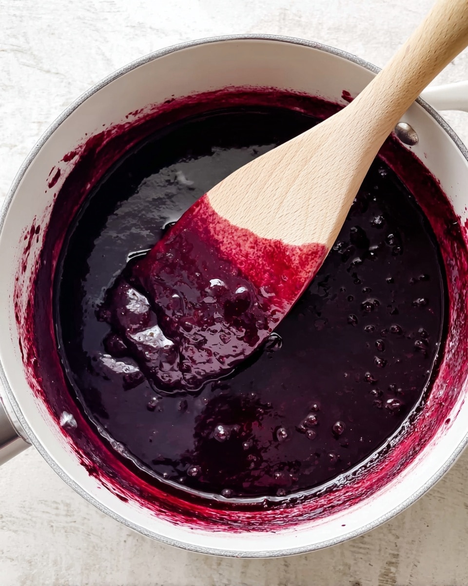 A close-up shows a thick, dark purple sauce with a shiny surface filling a white pot, with some splashes of sauce on the pot’s inner sides. A wooden spoon with the tip covered in the sauce rests inside, its texture smooth and glossy, contrasting with the light wood grain of the spoon. The pot is placed on a white marbled surface, giving a clean background to the rich deep color of the sauce. photo taken with an iphone --ar 4:5 --v 7