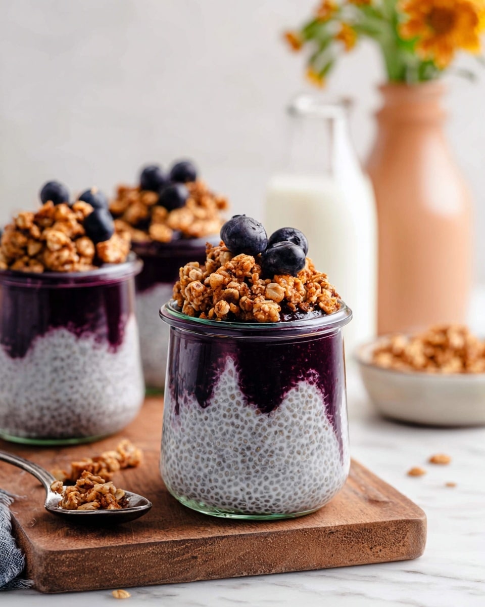 The image shows a layered dessert in three small clear glass jars placed on a light brown wooden board against a white marbled surface. Each jar has three clear layers: the bottom layer is a dark purple blueberry sauce, the middle layer is a light gray chia pudding with visible chia seeds, and the top layer is a cluster of golden brown granola with a few dark blue whole blueberries placed among the granola. In the background, there is a blurred glass milk bottle and a peach vase with green-yellow flowers. A silver spoon with some granola rests on the white marbled surface nearby. Photo taken with an iphone --ar 4:5 --v 7