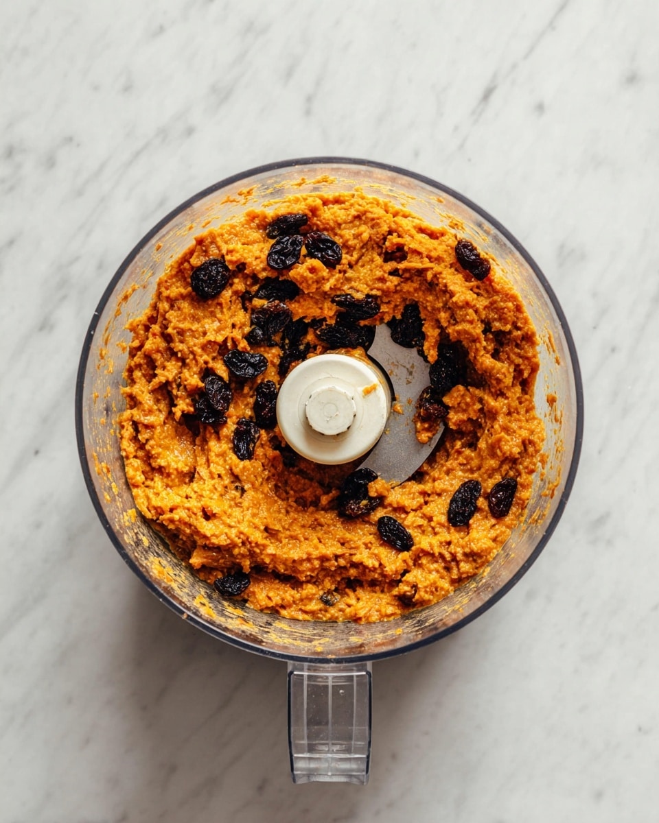 A top view of a clear food processor bowl placed on a white marbled surface, containing chunky orange mixture with a coarse texture. Scattered dark raisins sit on top and mixed inside the thick mixture. The central blade is visible but mostly covered by the mixture. The overall look is a blending stage of a rustic, dense batter or dough. Photo taken with an iphone --ar 4:5 --v 7