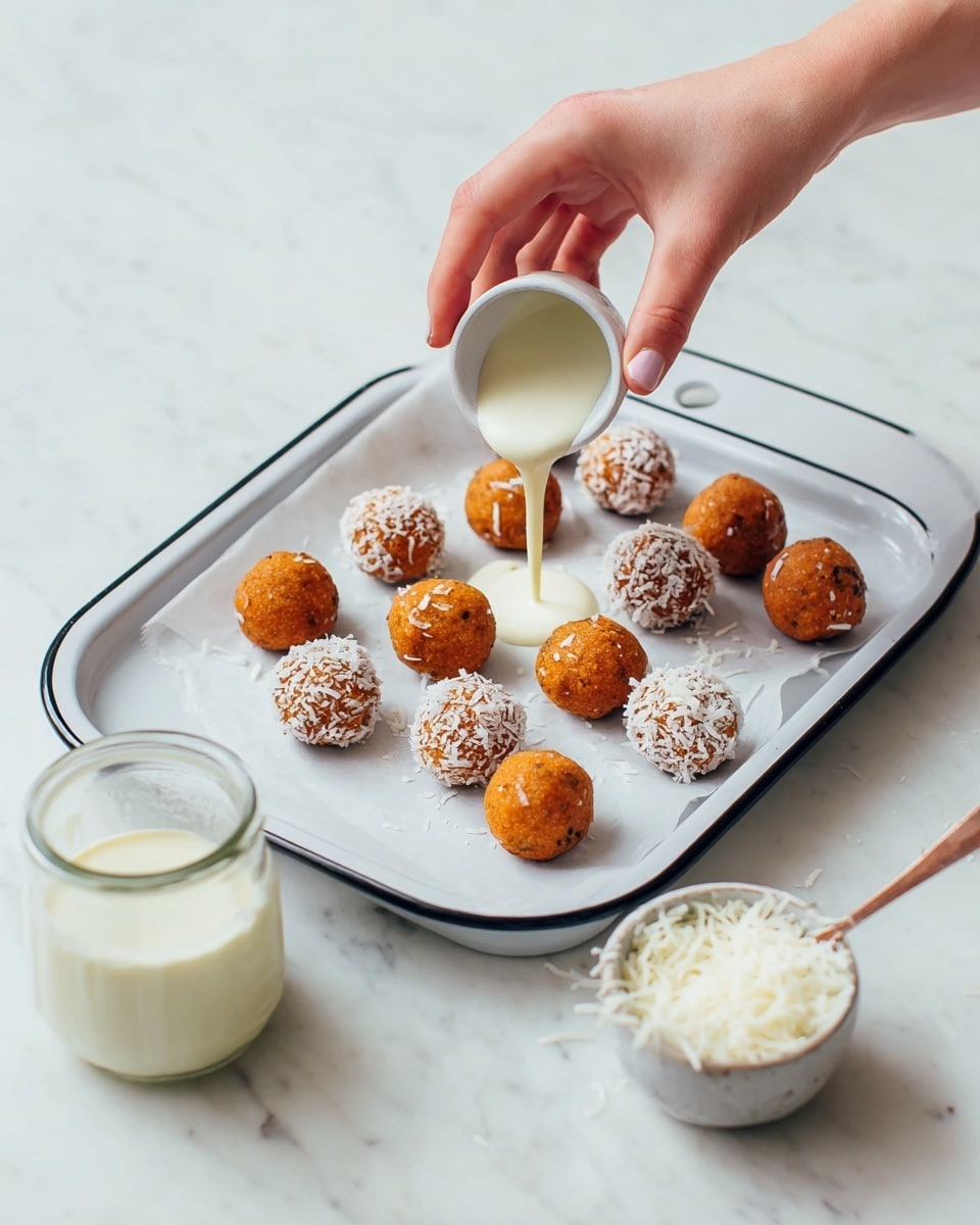 A white tray with black edges holds 14 round, orange-brown balls, some plain and some coated in white flakes. A woman's hand is holding a small white spoon, pouring a smooth white sauce over a few of the balls in the middle of the tray. Below the tray are two containers: one jar with a creamy white liquid, and a small white pot filled with shredded white flakes. The setting is on a white marbled texture surface. photo taken with an iphone --ar 4:5 --v 7