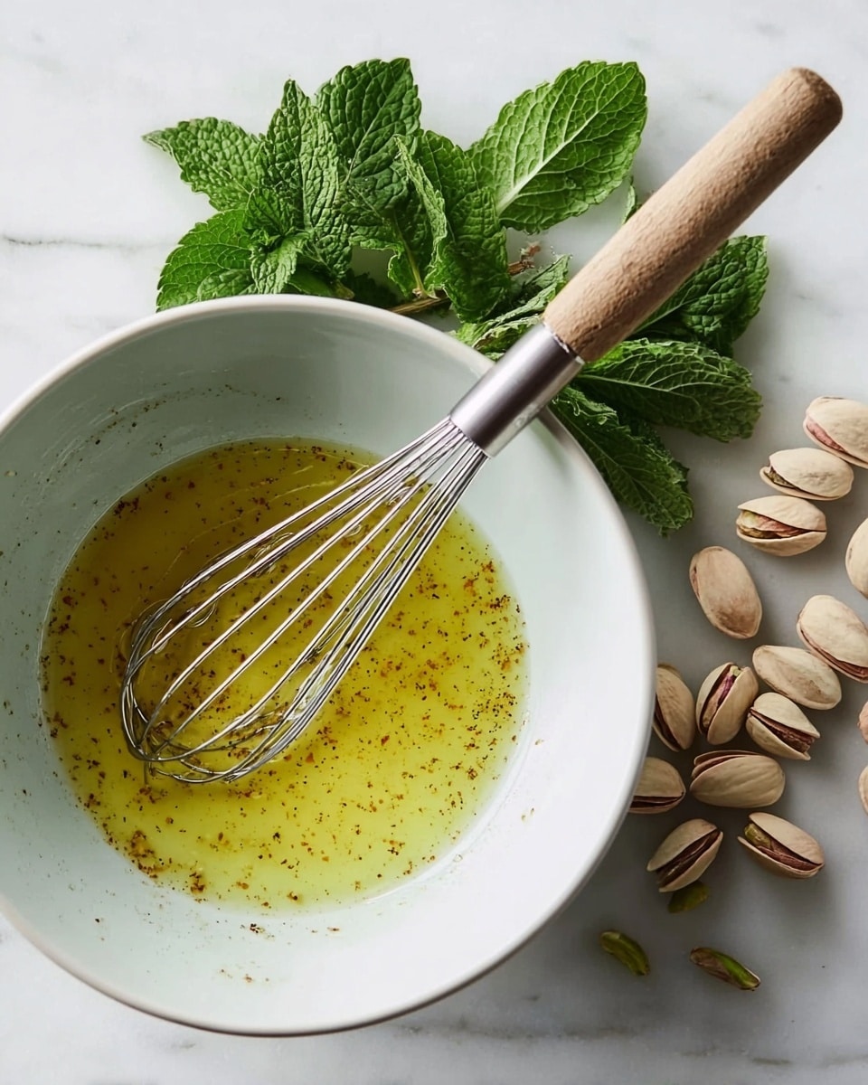 A white bowl holds a thin, yellow-green liquid mixture with small brown specks, likely a dressing or sauce, and a metal whisk with a wooden handle rests inside the bowl. Behind the bowl, fresh green mint leaves lay spread out, adding a vibrant touch. Scattered to the right on the white marbled surface are pale pistachio shells with some light green nuts visible inside. The scene is bright and clean, focusing on the fresh ingredients and the mixing process. photo taken with an iphone --ar 4:5 --v 7