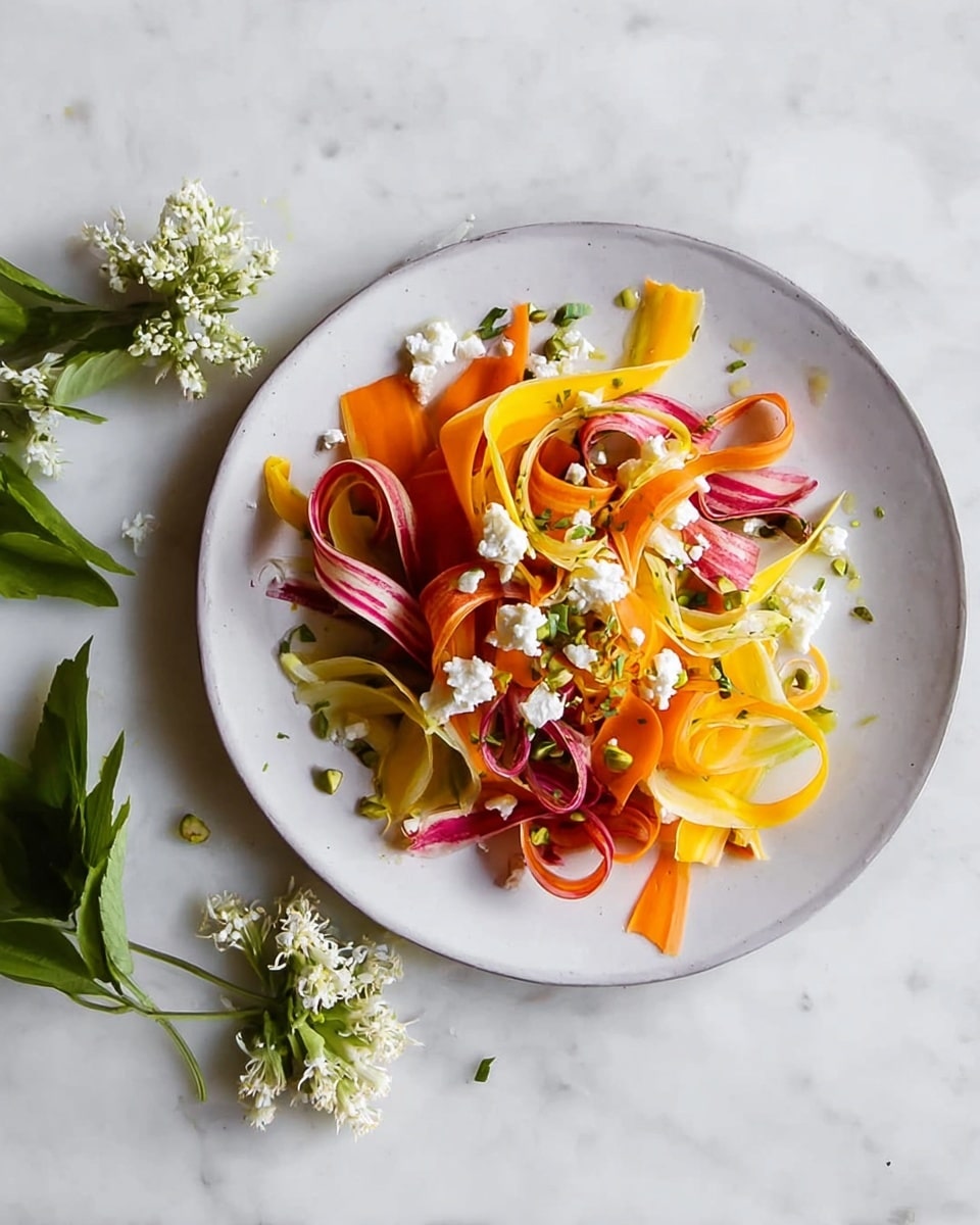 A simple white plate sits on a white marbled surface, holding a colorful salad made of thin, curled vegetable ribbons in orange, yellow, and dark pink shades, layered loosely with some green herb pieces scattered throughout. White crumbled cheese bits are spread on top along with small green nut pieces. Around the plate on the surface are fresh green leaves and small white flowers, adding a natural touch to the scene. Photo taken with an iphone --ar 4:5 --v 7