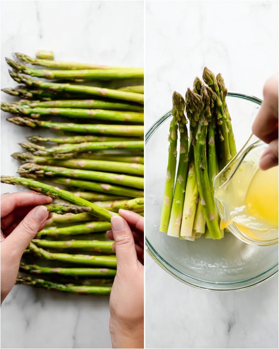 The image shows two side-by-side scenes on a white marbled surface. On the left, a pair of woman’s hands is holding a green asparagus stalk, breaking off the woody end, with more asparagus lined up horizontally below. The stalks are fresh, bright green with light purple tips. On the right, the same asparagus stalks rest inside a clear glass bowl placed on the white marbled surface, while a woman’s hand pours a pale yellow dressing or sauce from a smaller clear bowl onto the asparagus. The textures are fresh and smooth for the asparagus, and the glass bowls are transparent and shiny. Photo taken with an iphone --ar 4:5 --v 7