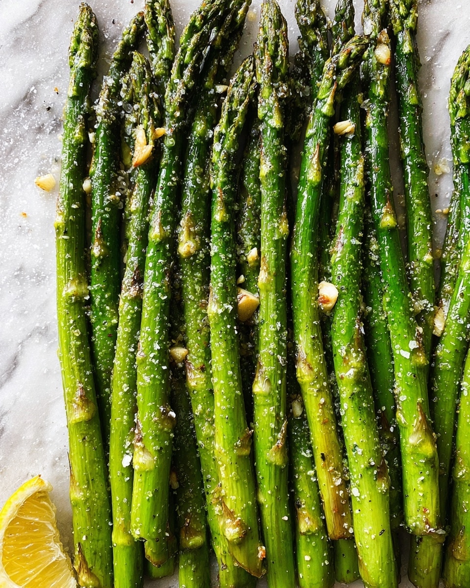 A group of bright green asparagus stalks lie flat in rows on a white marbled surface, each stalk showing slight char marks and a shiny, cooked texture. Small pieces of light-colored garlic and coarse salt crystals are spread evenly over the asparagus, giving a rough texture contrast to the smooth stalks. The asparagus tips are darker green, tightly closed, and the stems show some light brown roasted spots, indicating they are cooked. In the bottom left corner, a thin slice of lemon adds a yellow hint. Photo taken with an iphone --ar 4:5 --v 7