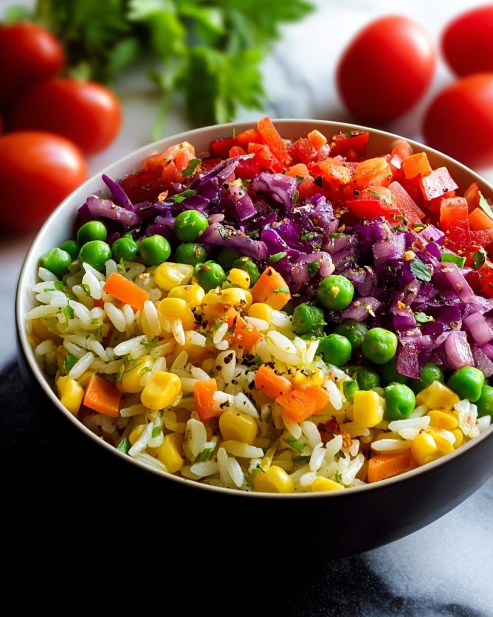 A close-up of a white bowl filled with a colorful salad made of three layers: the bottom layer is white rice grains mixed with small pieces of orange carrot; the middle layer shows bright green peas and yellow corn scattered throughout the salad; the top layer has small diced red and purple cabbage pieces along with finely chopped red bell peppers, all sprinkled with small black pepper flakes. The bowl is placed on a white marbled textured surface, with some blurred cherry tomatoes and green leafy vegetables in the background. photo taken with an iphone --ar 4:5 --v 7