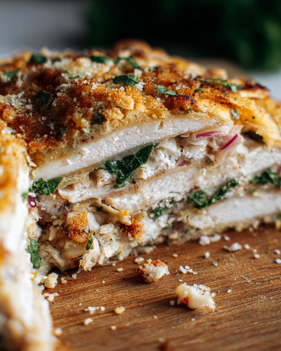 The image shows a close-up of a piece of layered savory dish with a golden, crispy top crust sprinkled with grated cheese and herbs. The top layer is light brown and crumbly, with some darker golden spots. Below this crust, multiple thin layers of tender, white slices of meat or poultry are stacked neatly with visible green leafy herbs and thin slices of red onion between them. The dish rests on a wooden surface, and the texture of the layers looks soft and moist against the crunchy top. Some crumbs and bits of cheese are scattered around the dish. Photo taken with an iphone --ar 4:5 --v 7