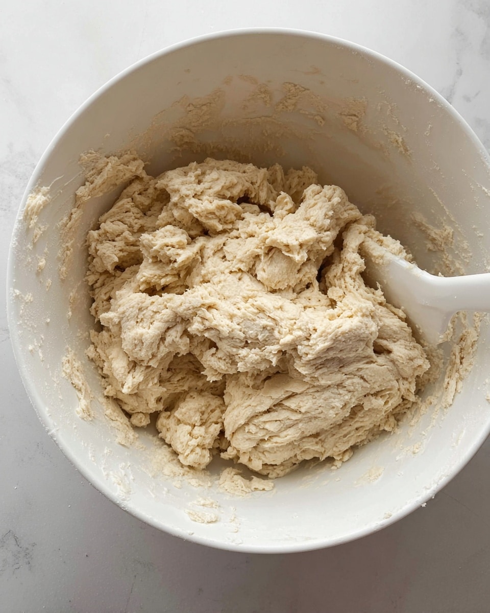 A large white bowl holds a rough, thick dough that looks dry and crumbly with uneven, bumpy texture in pale beige color. The dough forms loose, irregular folds and layers piled slightly in the center. A white spatula with some dough stuck on it rests on the right side inside the bowl. The background is a white marbled texture. photo taken with an iphone --ar 4:5 --v 7