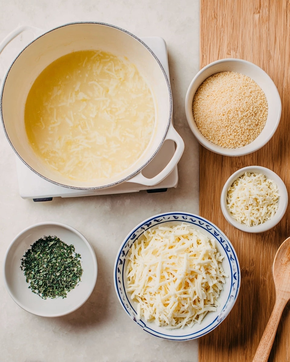 The image shows five bowls of different sizes arranged on a white marbled surface. At the bottom left is a large white saucepan with a light yellow liquid inside, resting on a white trivet. To the right is a medium white bowl with blue trim filled with shredded white cheese. Above this bowl, there is a small white bowl with finely chopped dark green herbs. At the top right, a small white bowl holds off-white breadcrumbs, and at the top left, another small white bowl contains light beige granules. A wooden spoon is placed on the far right side of the table near the bowls. Photo taken with an iphone --ar 4:5 --v 7