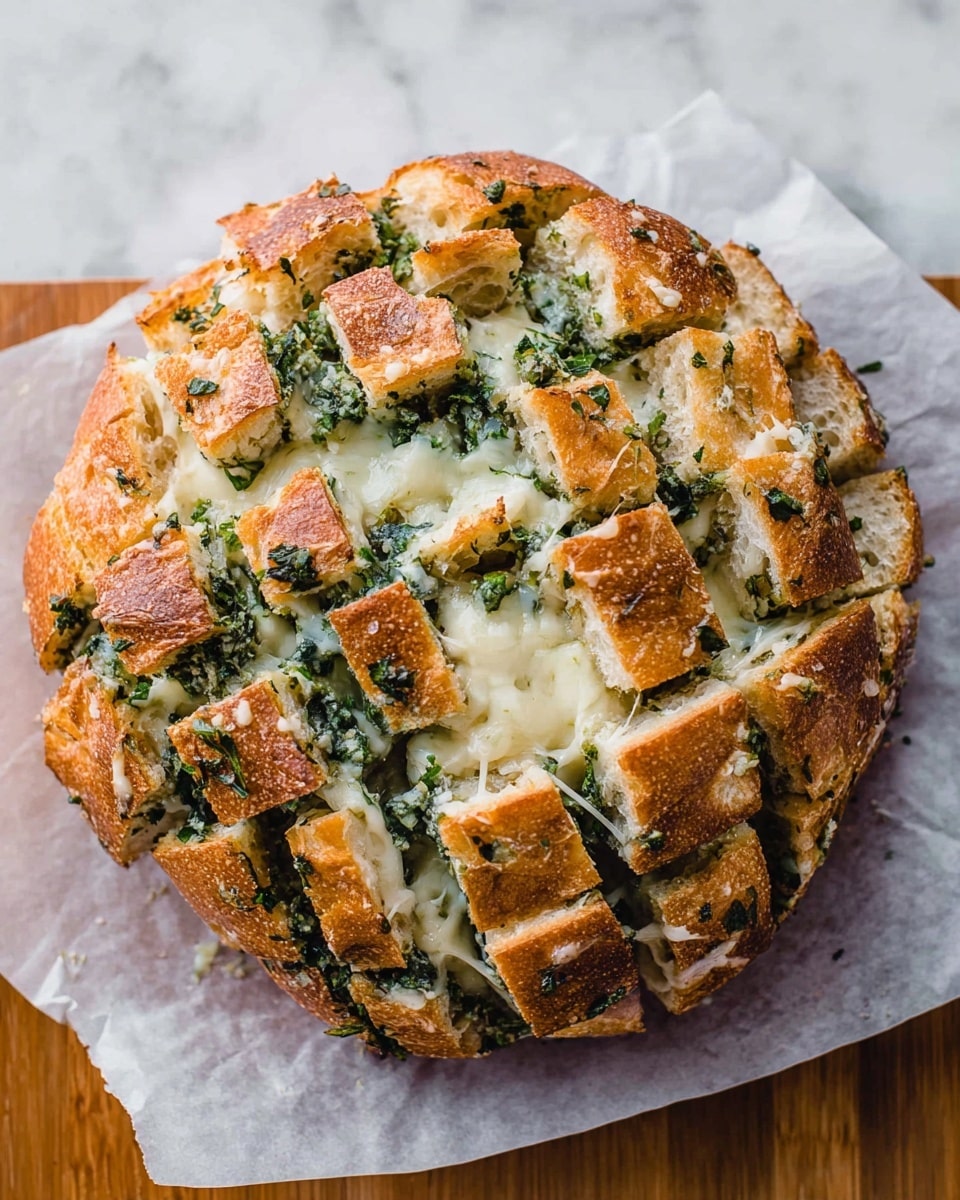 A round loaf of bread is cut into a grid pattern forming small square sections across the top and inside. Between these squares, melted white cheese oozes out, mixed with finely chopped green herbs, possibly parsley or spinach, adding color and texture. The crust of the bread is golden brown and crispy, while the inside shows a soft and gooey mixture of cheese and herbs. The loaf is placed on a white parchment paper over a white marbled surface. photo taken with an iphone --ar 4:5 --v 7