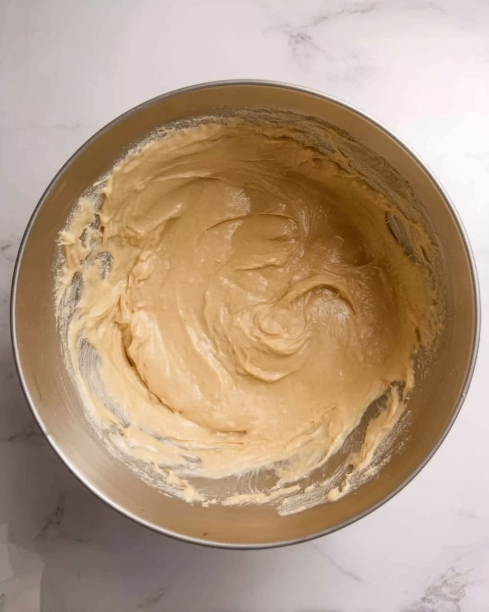 The image shows a large round metal mixing bowl placed on a white marbled surface. Inside the bowl, there is a single layer of light tan batter with a smooth and creamy texture. The batter covers the bottom and part of the sides of the bowl unevenly, with some thicker smears around the edges. The metal bowl has a shiny, reflective surface that contrasts with the soft, matte look of the batter inside. photo taken with an iphone --ar 4:5 --v 7