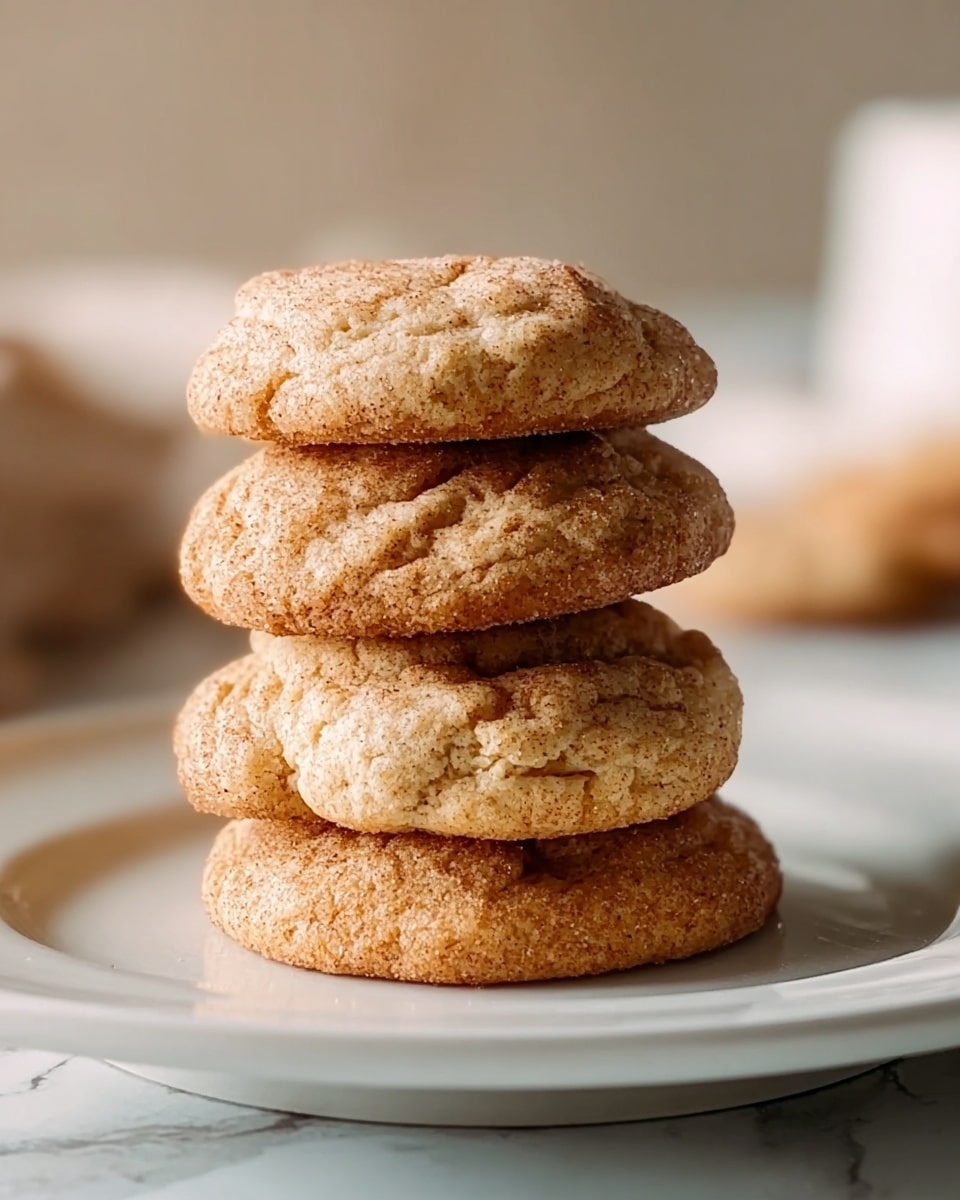 A stack of four round cookies with a light golden brown color and slightly cracked texture on top sits in the center of a white plate on a white marbled surface. Each cookie shows uneven, soft edges and has a slightly rough surface with some variation in darker brown spots, giving a homemade feel. The background is softly blurred with neutral tones, highlighting the cookies. photo taken with an iphone --ar 4:5 --v 7
