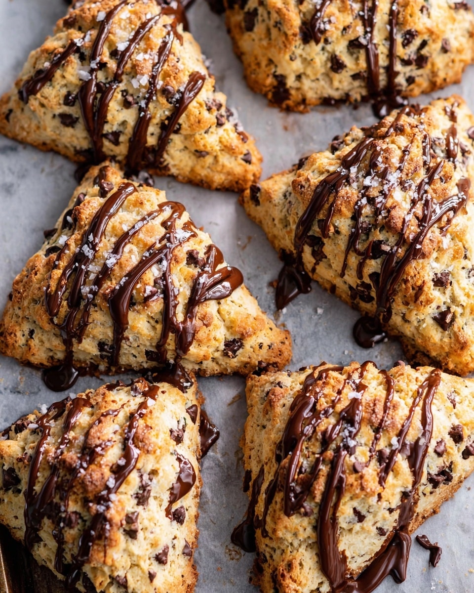 The image shows a close-up of seven triangular scones on a baking tray lined with parchment paper. Each scone is golden brown with a rough, crumbly texture and filled with small dark chocolate chips scattered throughout. On top, there are thin drizzles of melted dark chocolate creating irregular lines and spots, adding a glossy look. The scones have a slightly cracked surface and some coarse sugar crystals visible for extra texture and sparkle. The scene has a casual, fresh-baked feel with the scones slightly overlapping each other, all placed on a white marbled surface photo taken with an iphone --ar 4:5 --v 7