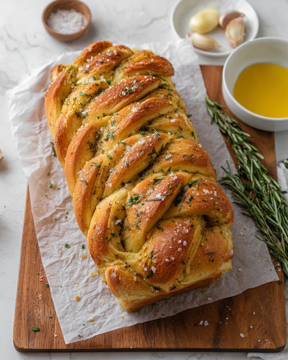 The image shows a golden brown loaf of braided garlic bread placed on white parchment paper on a wooden board. The loaf has multiple thick layers twisted together, each layer showing a soft, fluffy texture with bits of green herbs sprinkled on top and between layers. Coarse salt crystals are visible scattered on the bread. To the top right, there is a white bowl with melted butter and unpeeled garlic cloves next to a sprig of fresh rosemary, all resting on a white marbled surface. photo taken with an iphone --ar 4:5 --v 7