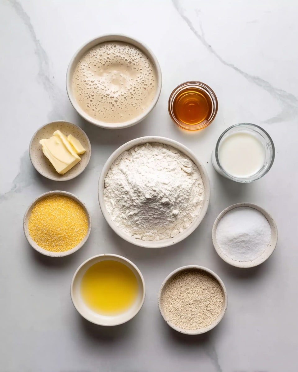 The image shows nine white bowls and a glass arranged in a loose circle on a white marbled surface. In the center is a large bowl filled with white flour. Above it to the left is a bowl with bubbly beige sourdough starter, and to the right of this is a clear glass filled with white milk. Next to the milk on the right is a small bowl holding amber-colored honey. Below the honey is a bowl containing white salt, while to the left of the salt is a bowl with bright yellow cornmeal. Directly under the flour bowl is a white bowl with melted yellow butter. To the left of the butter is a bowl that holds white baking powder, and above the baking powder is a small bowl filled with beige dry yeast granules. Each bowl is evenly spaced, creating a neat and clean layout photo taken with an iphone --ar 4:5 --v 7