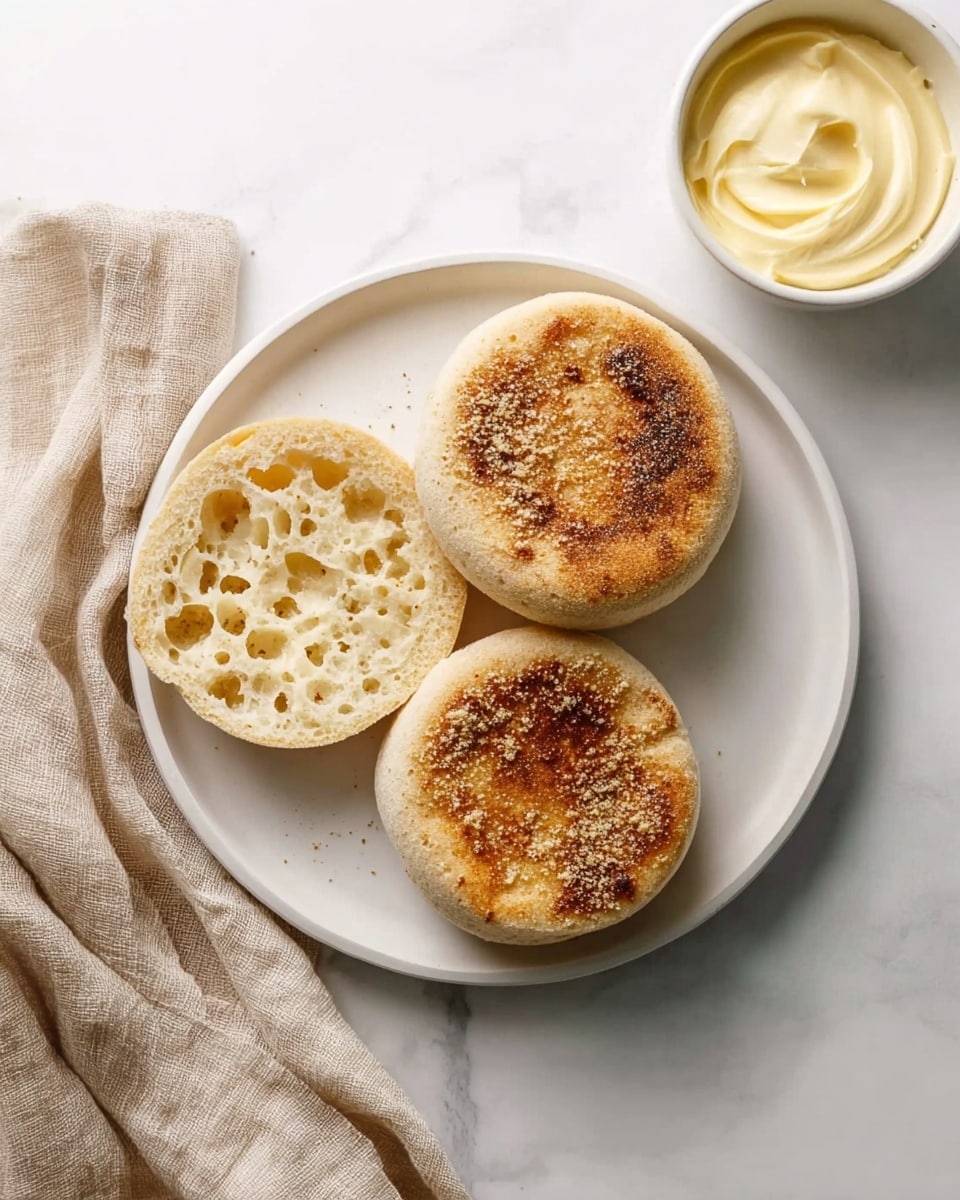 A round white plate holds two whole toasted English muffins with a golden brown, slightly grainy top layer that shows light specks of flour, placed near two halves of an opened muffin. The inside of the halves shows a soft, spongy texture with many irregular holes and some butter melted unevenly across the pale beige surface. The plate rests on a white marbled surface with a beige cloth draped casually under its left side. To the right of the plate is a small white bowl containing creamy, swirled butter. Photo taken with an iphone --ar 4:5 --v 7