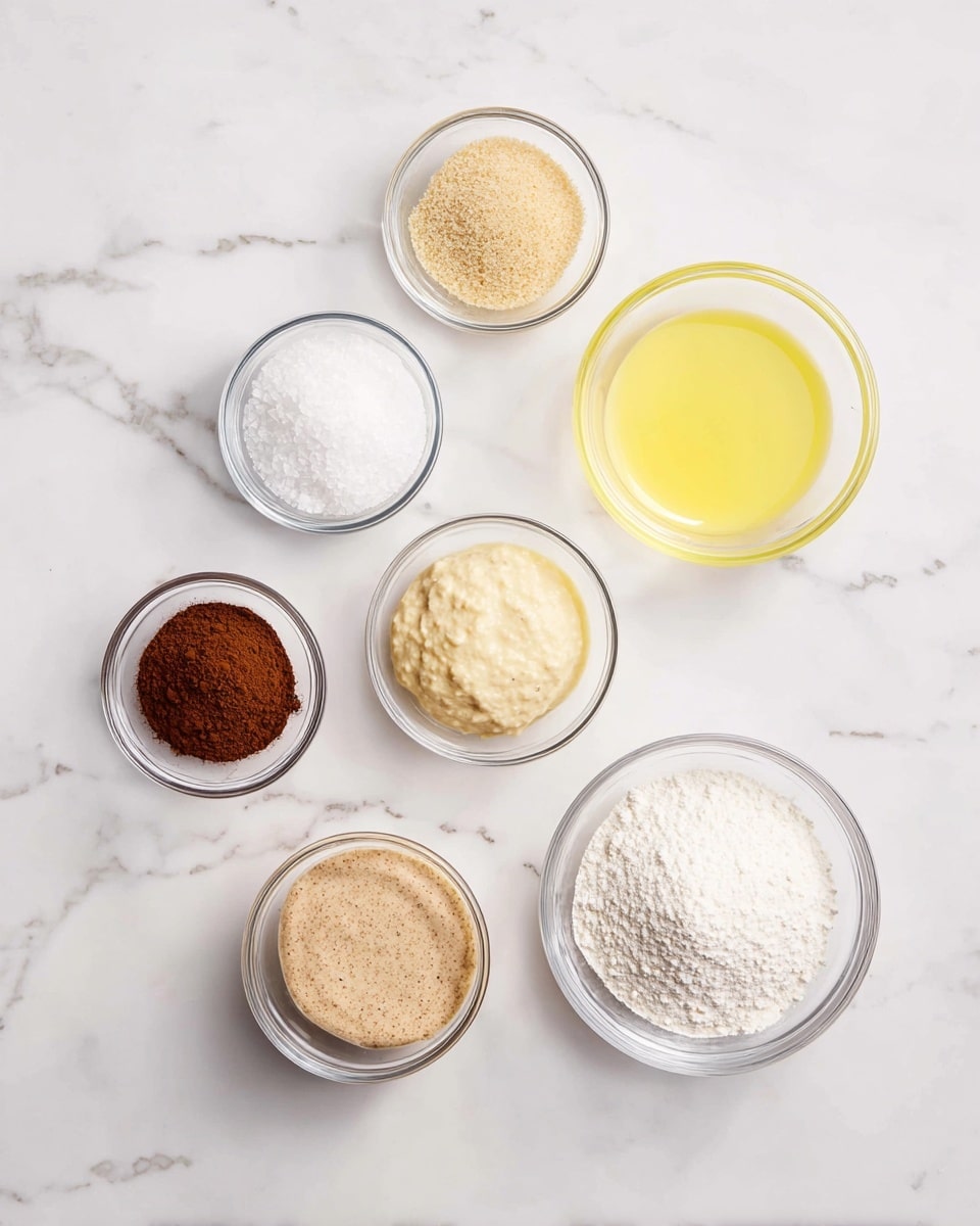 The image shows eight small clear glass bowls arranged on a white marbled surface. At the top right is a bowl filled with a smooth yellow liquid. Below it and slightly left is a bowl with light beige granules. To the left side near the center are two bowls, one with brown powder and one with darker brown powder. On the bottom right is a bowl filled with white powder, and next to it on the left is a bowl with light brown powder. Near the center left is a bowl with a creamy beige mixture, which has a thick texture. At the top left is a bowl with white granules. photo taken with an iphone --ar 4:5 --v 7
