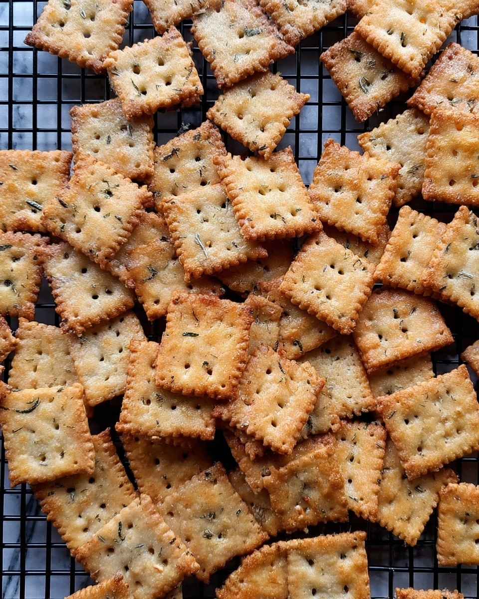 The image shows many square crackers with slightly rough texture spread over a black cooling rack. The crackers are light golden brown with darker toasted spots and some small green herb flakes visible throughout. Each cracker has a crimped edge and small pinprick holes in a grid pattern on the surface. The crackers are piled in an uneven layer, covering almost the entire rack. The background under the rack is a white marbled texture photo taken with an iphone --ar 4:5 --v 7