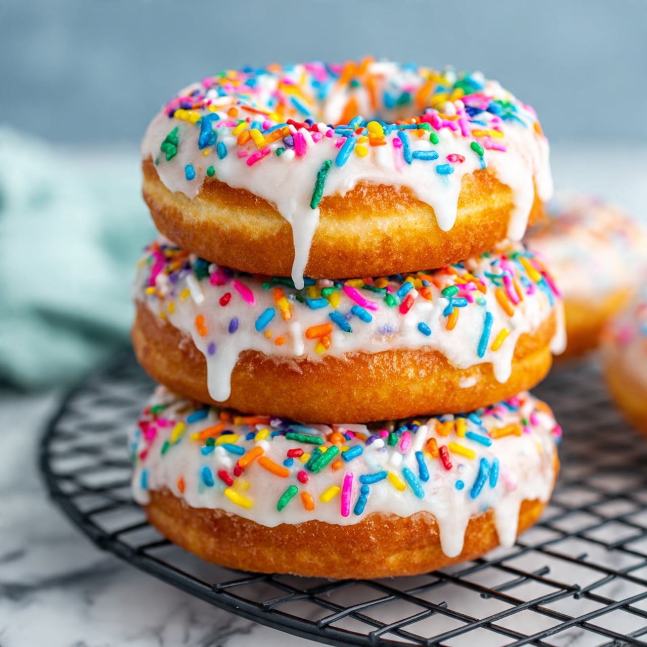 A stack of three donuts sits on a black wire cooling rack, each donut covered with a thick layer of white icing that drips slightly down the sides. The icing is topped with colorful rainbow sprinkles in blue, pink, orange, green, white, yellow, and red, creating a vibrant mix on each donut. The donuts have a golden-brown, soft texture beneath the icing. The scene is set on a white marbled surface with a light blue-gray background, and a blurred woman's hand is seen in the back left corner, reaching toward the stack. Photo taken with an iphone --ar 4:5 --v 7