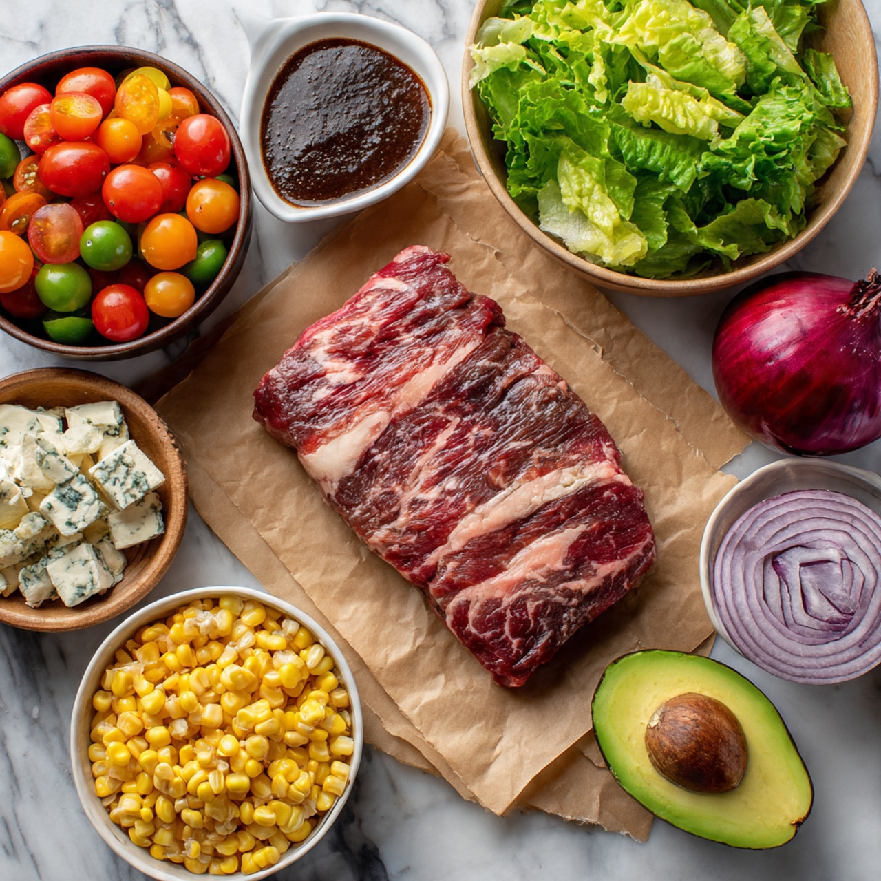 The image shows fresh steak raw with marbled red and white texture placed on brown parchment paper. Around it are small bowls on a white marbled surface: one with green leafy lettuce, one with dark red, orange, and green small tomatoes, one with yellow roasted corn kernels, one with blue-veined cheese chunks, a half avocado with green flesh and brown seed, a bowl with dark brown sauce, and half a red onion with purple rings and white center. The items are neatly arranged and colorful, ready for cooking. Photo taken with an iphone --ar 4:5 --v 7
