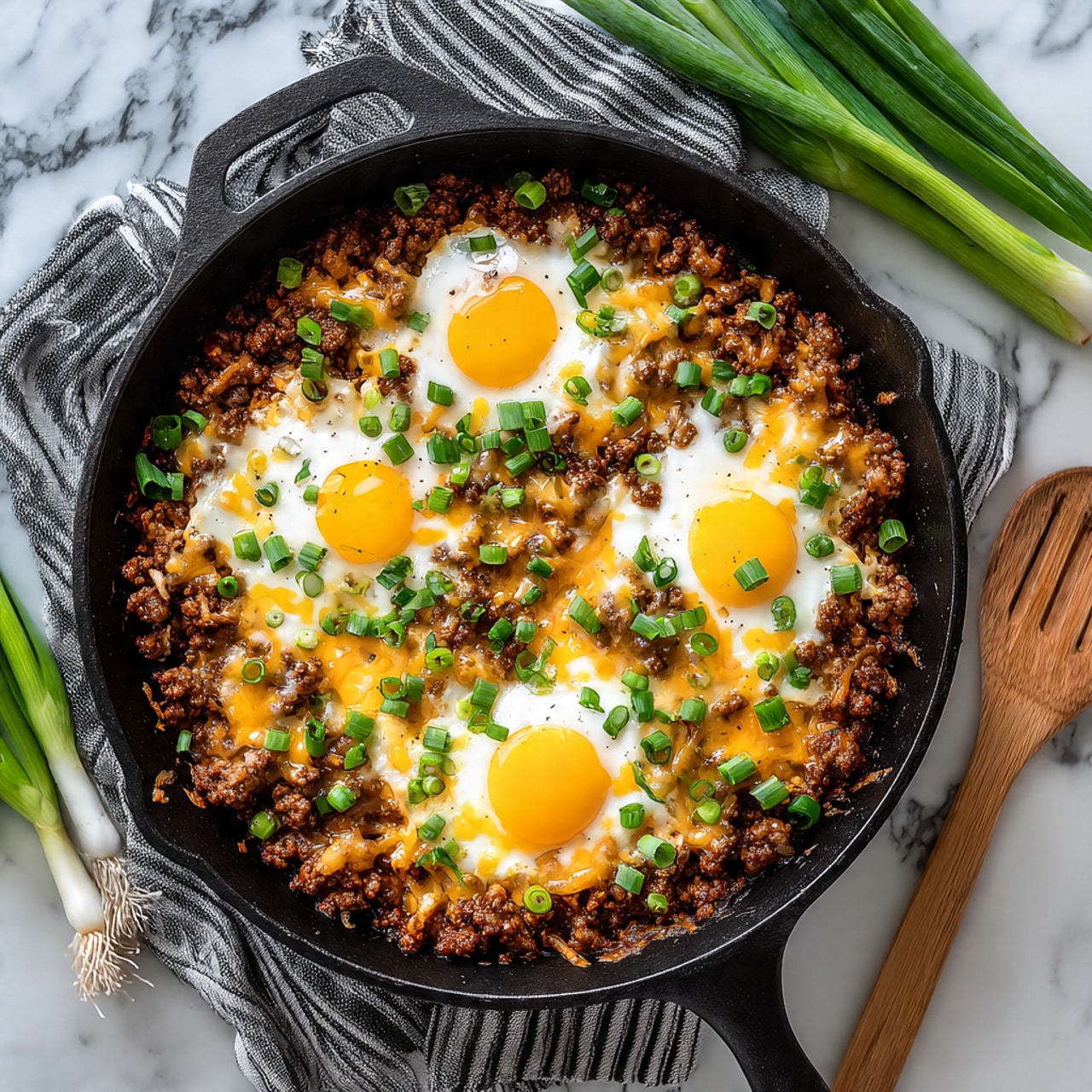 A black cast iron skillet filled with a layered mix of cooked ground meat and melted cheddar and white cheese on the bottom. On top, there are three sunny yellow egg yolks with white cooked egg whites surrounding them. The dish is sprinkled with chopped green onions scattered evenly over the eggs and meat. The skillet is placed on a striped black and white cloth over a white marbled surface, with fresh green onions and a light wooden spatula behind it. Photo taken with an iphone --ar 4:5 --v 7