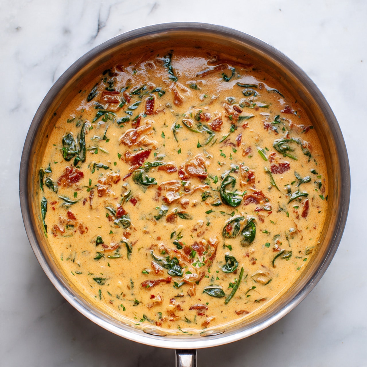A metal pan filled with a creamy sauce that has an orange color and a smooth texture, dotted with small pieces of cooked food that have a slightly darker, reddish-brown color, all sitting on a white marbled surface. The sauce spreads evenly in the pan with light reflections showing its creamy consistency. Photo taken with an iphone --ar 4:5 --v 7