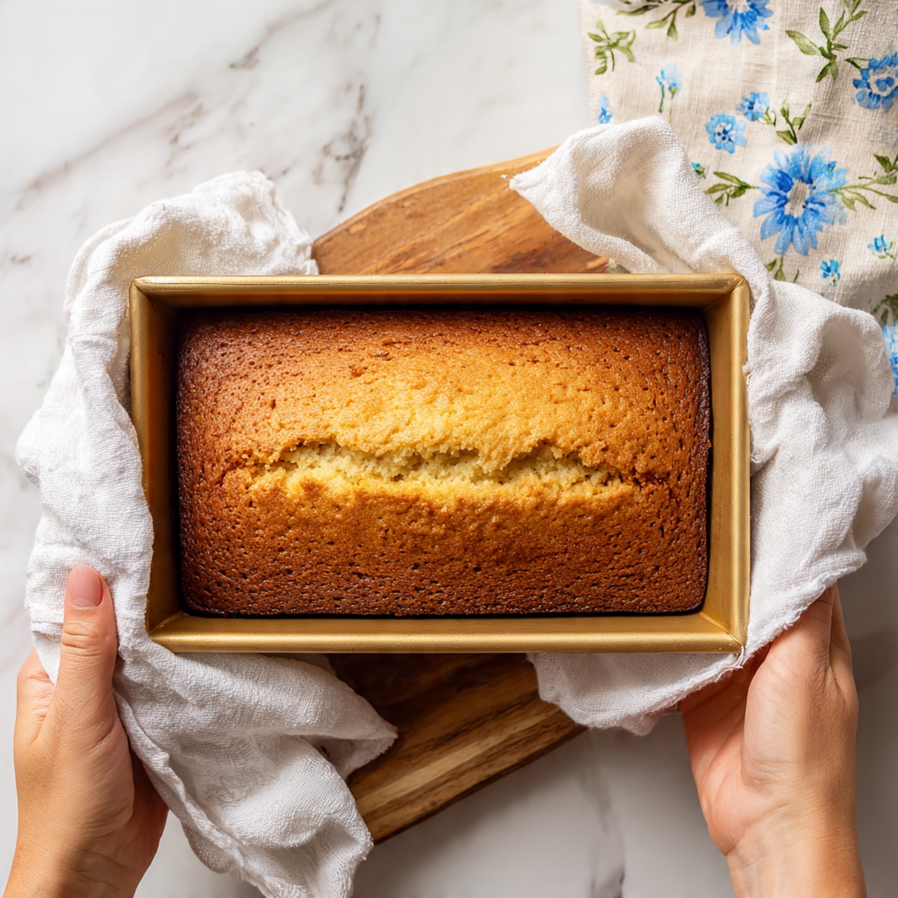 A golden brown rectangular cake with a cracked top sits inside a gold baking pan, showing a mix of lighter yellow and darker brown baked textures across the surface. The pan is held on both sides by a woman's hand using a white cloth. The background features a white marbled texture with a wooden board and a light-colored cloth with small blue floral patterns nearby. photo taken with an iphone --ar 4:5 --v 7