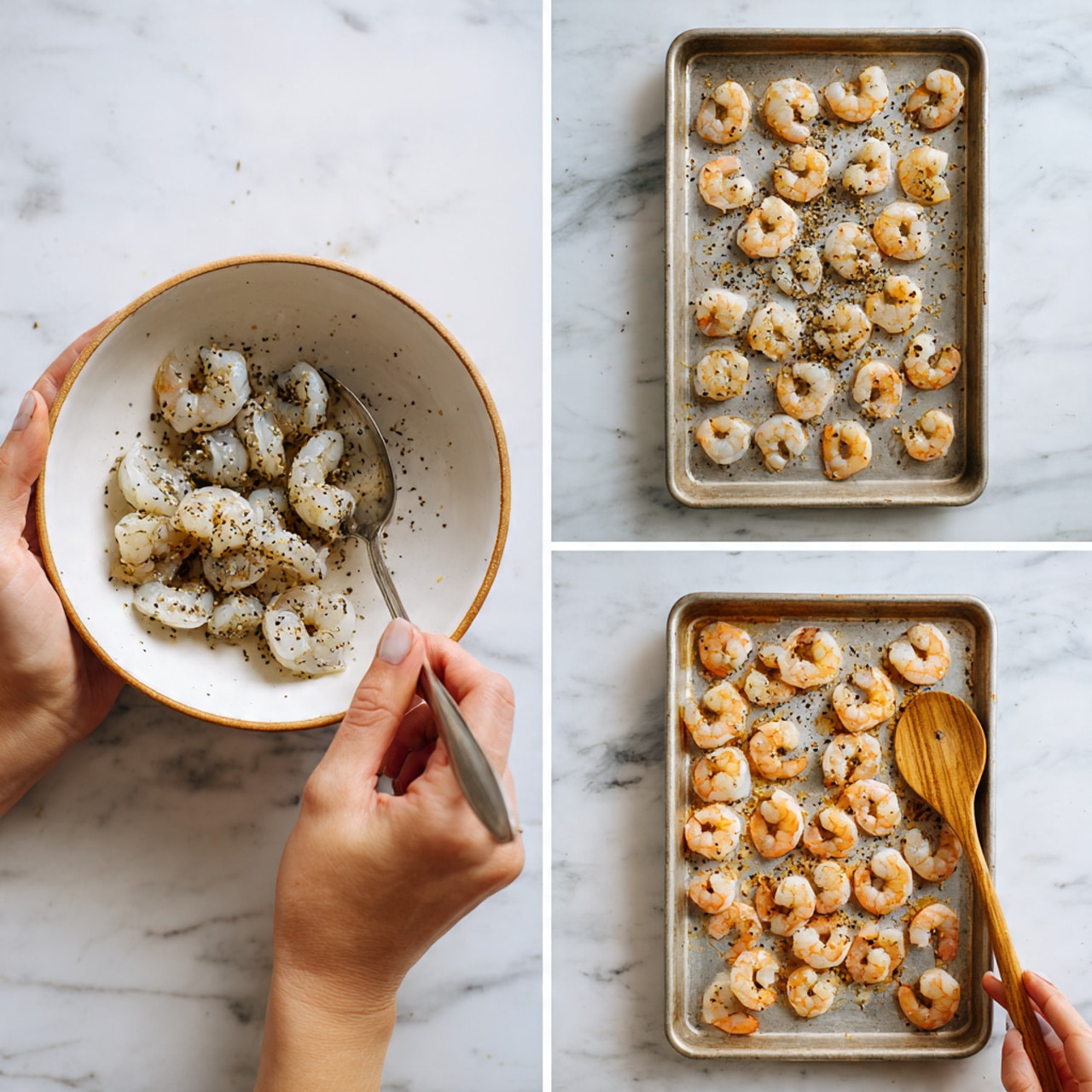 Three images show the process of preparing shrimp for cooking on a white marbled surface. In the first image, a woman's hand holds a bowl filled with raw, gray shrimp sprinkled with black pepper, while another woman's hand holds a spoon inside the bowl. The bowl is white with a light brown rim. The second image shows raw shrimp spread out evenly on a metal baking tray, still gray in color with black pepper visible, while a woman's hand holds a wooden spoon on the right side of the tray. In the third image, cooked shrimp have turned pinkish-orange and are arranged neatly on the same baking tray, with a woman's hand holding the wooden spoon on the right. Photo taken with an iphone --ar 4:5 --v 7
