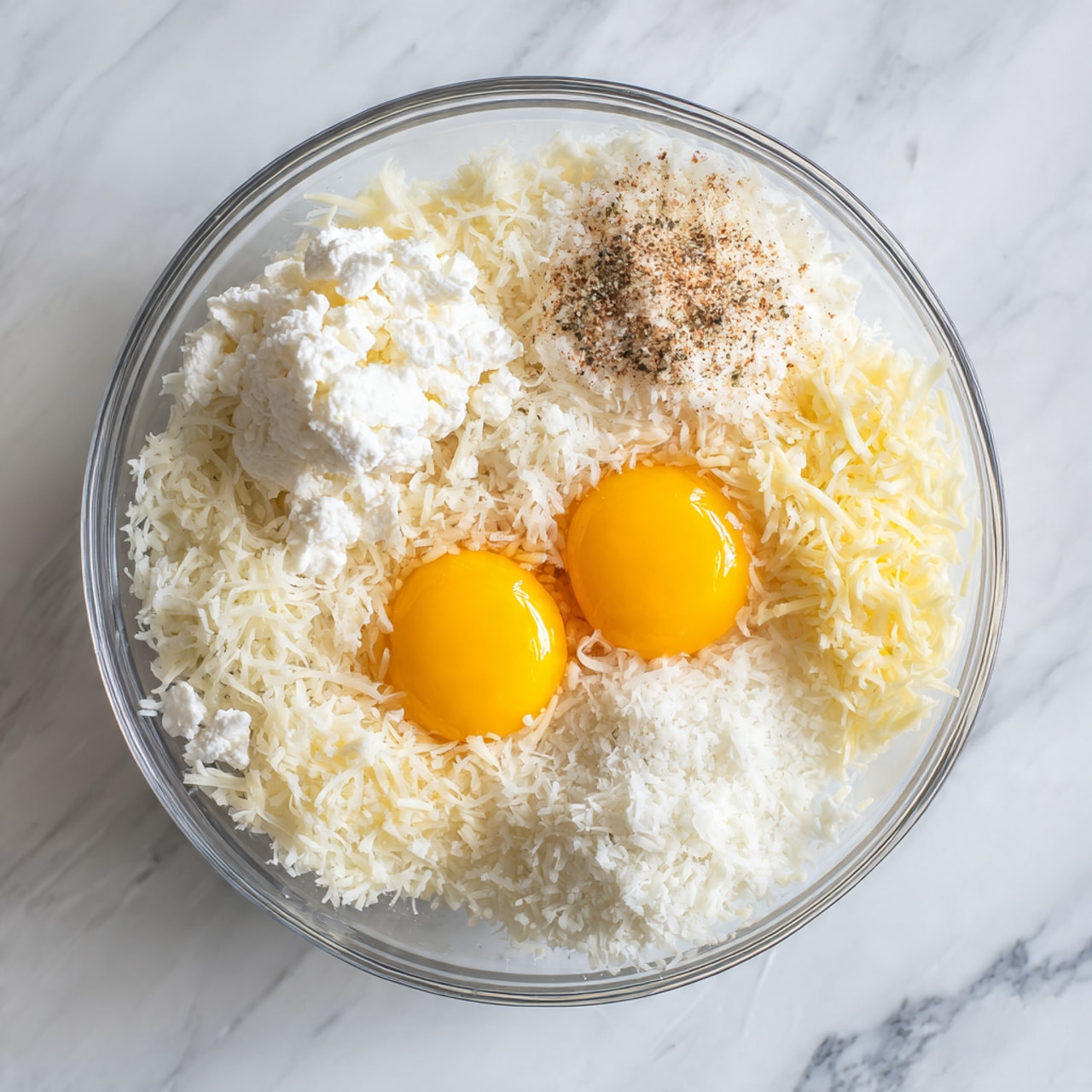 A clear glass bowl on a white marbled surface holds several ingredients arranged in separate sections. There are two bright yellow egg yolks lying on a bed of white shredded cheese that covers most of the bowl’s bottom. To the side, there is a small mound of white soft cheese, topped lightly with a dusting of ground spice or seasoning. Surrounding the egg yolks are more patches of white shredded cheese and a small amount of white crumbly cheese near the edge. The overall look is a mix of creamy whites and yellows with a soft shredded texture and smooth egg yolks. Photo taken with an iphone --ar 4:5 --v 7