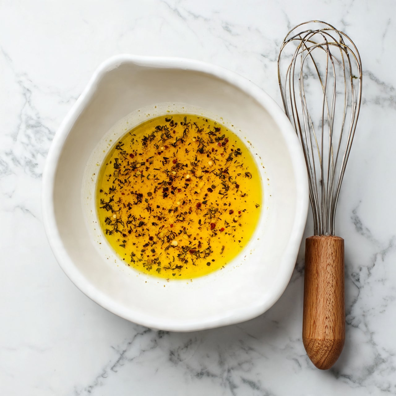 A white bowl sits on a white marbled surface with a small amount of golden-yellow liquid mixed with black specks inside. Next to the bowl is a whisk with a wooden handle and metal loops. The bowl has a smooth texture and a small spout on one side for pouring. photo taken with an iphone --ar 4:5 --v 7