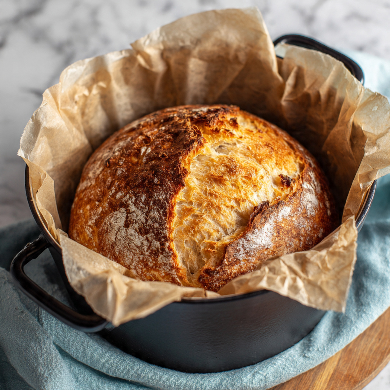 A round loaf of golden brown bread with a rough, crispy crust is inside a black pot lined with light brown parchment paper. The bread has deep cracks on the top, showing a soft, airy inside texture with some darker toasted parts around the edges. The pot sits on a wooden surface with a light blue cloth draped nearby, all against a white marbled background. photo taken with an iphone --ar 4:5 --v 7