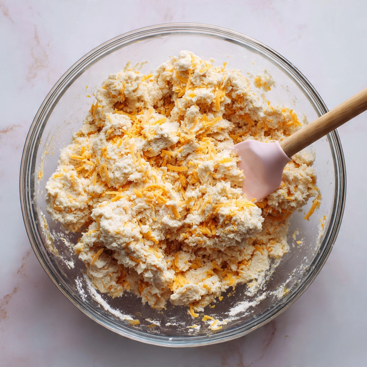 A clear glass bowl holds a rough mixture of dough and shredded orange cheese. The dough is pale and crumbly with uneven clumps, while the cheese adds specks of bright orange throughout. A light pink spatula sticks into the mixture, showing some dough clinging to it. The bowl sits on a white marbled surface. photo taken with an iphone --ar 4:5 --v 7