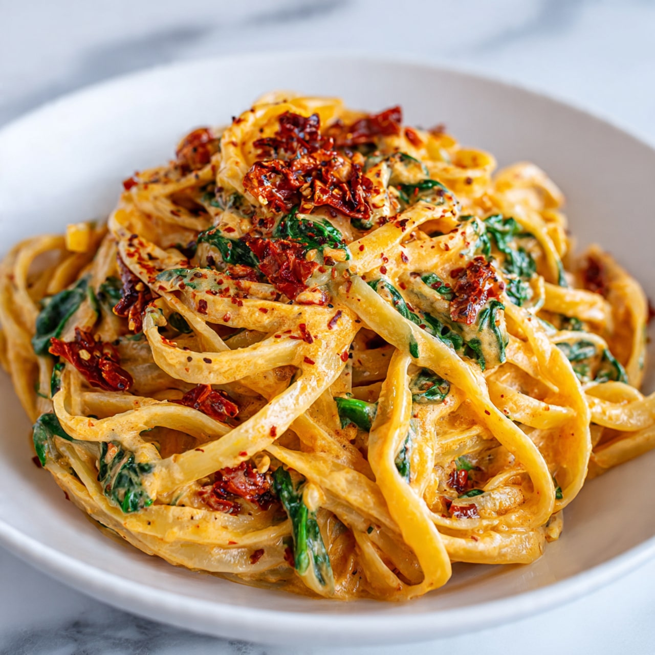 A close-up view of a pile of creamy pasta with wide noodle strands coated in a light orange cream sauce, mixed with small pieces of red sun-dried tomatoes and bright green spinach leaves. The dish is generously sprinkled with dark herbs and red spices, giving a textured and colorful look. The pasta sits in the middle of a white plate on a white marbled surface, with the sauce clinging to every noodle, creating a rich and appetizing visual. Photo taken with an iphone --ar 4:5 --v 7