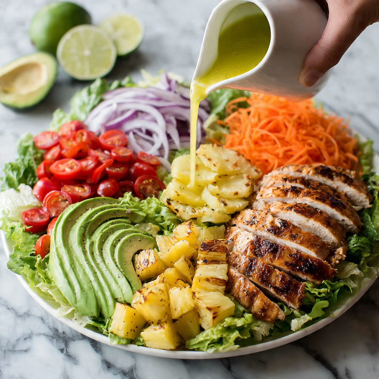The image shows a white plate with two grilled chicken pieces on the top left corner with dark grill marks. Below and to the left of the plate are two avocado halves, one with the pit and one without. Near the middle of the image, there is a pile of shredded orange carrots on a white marbled background, surrounded by thick slices of purple onion arranged in a fan shape. To the right of the carrots, there are small golden-brown roasted potatoes and grilled corn kernels next to a half lime and a corner piece of a grilled corn cob. Below the vegetables, there are bright red cherry tomatoes mixed with green leafy romaine lettuce. On the bottom left, there is a bowl filled with white rice mixed with herbs, all on a white marbled surface. Photo taken with an iphone --ar 4:5 --v 7
