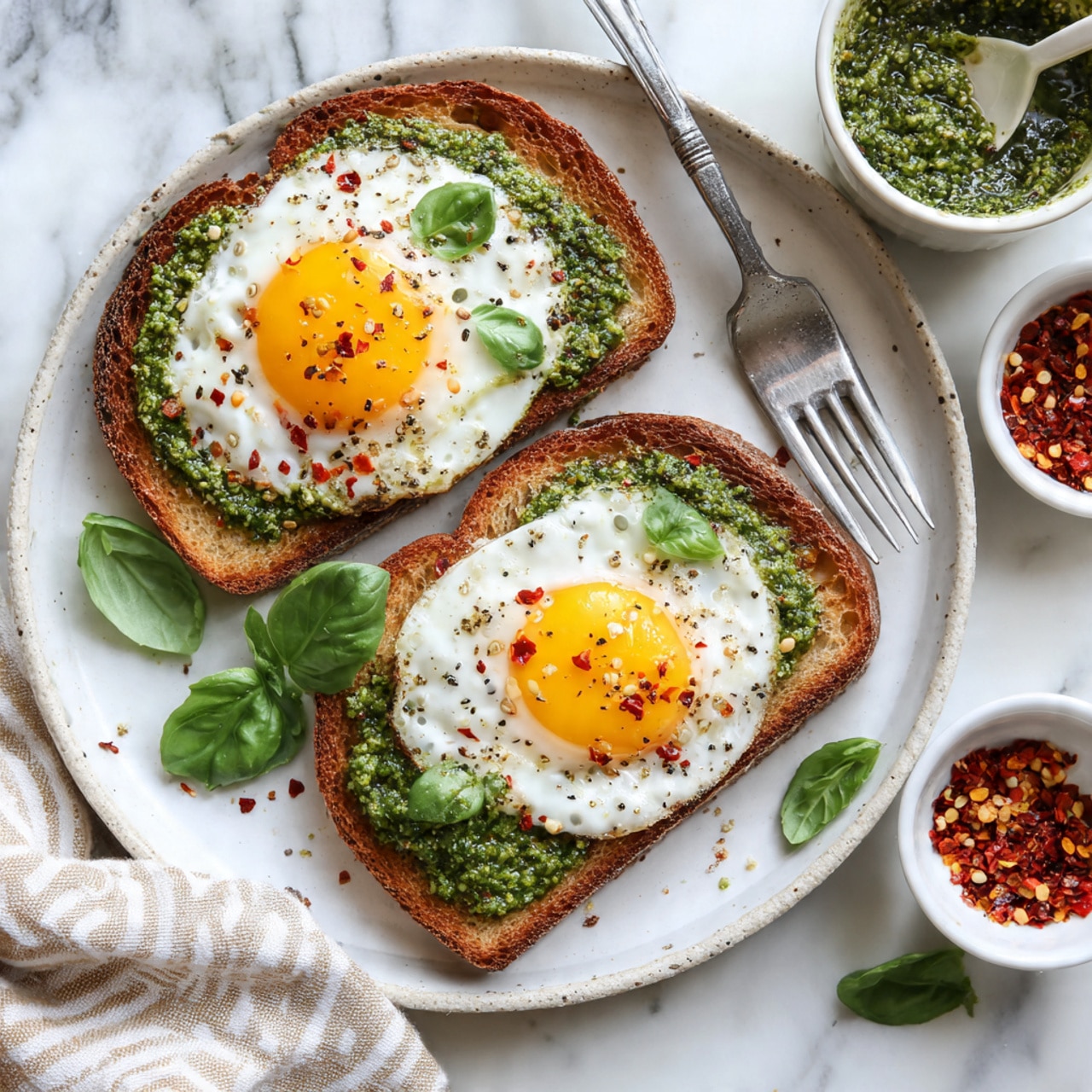 Two slices of toasted brown bread are placed on a white plate with a slightly rough texture. Each slice has a thick layer of green pesto spread on it. On top of each slice, there is a fried egg with a bright yellow yolk and white edges, lightly seasoned with black pepper and red chili flakes. Small green basil leaves are scattered on the toast and plate. A silver fork rests on the left side of the plate. Around the plate on a white marbled surface, there are two small white bowls; one contains red chili flakes and the other holds extra green pesto with a spoon inside. A beige and white striped cloth is partially visible on the bottom left edge of the image. Photo taken with an iphone --ar 4:5 --v 7