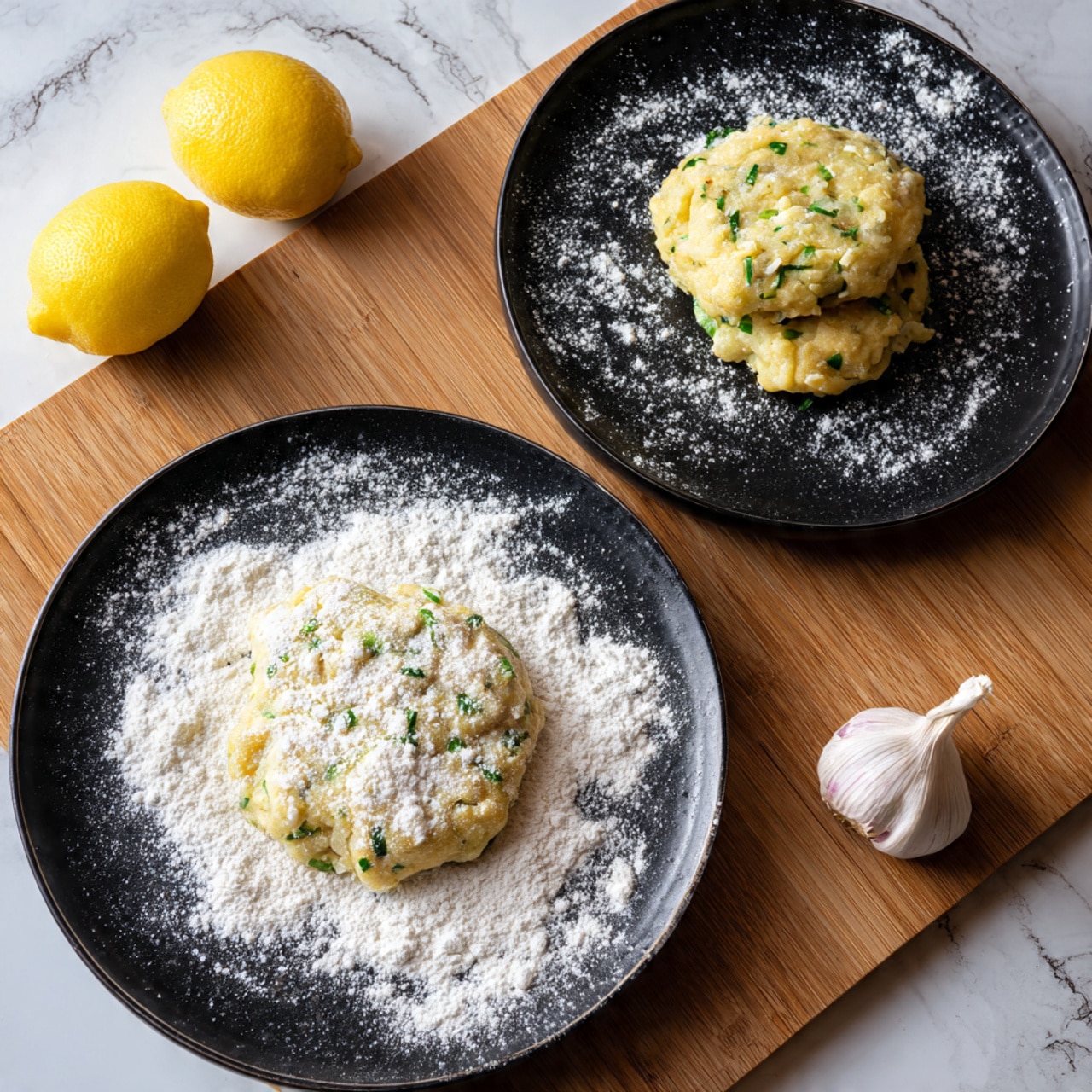 The image shows two black plates on a wooden surface with a white marbled texture. The plate in the foreground holds a thick, round dough patty covered lightly with white flour, sitting on a layer of flour spread all over the plate. The dough contains small pieces of green herbs and white onion. The plate in the background shows four similar patties fully dusted with flour, arranged loosely in a circle. To the left of the plates, there are two whole bright yellow lemons and a bulb of garlic. Photo taken with an iphone --ar 4:5 --v 7