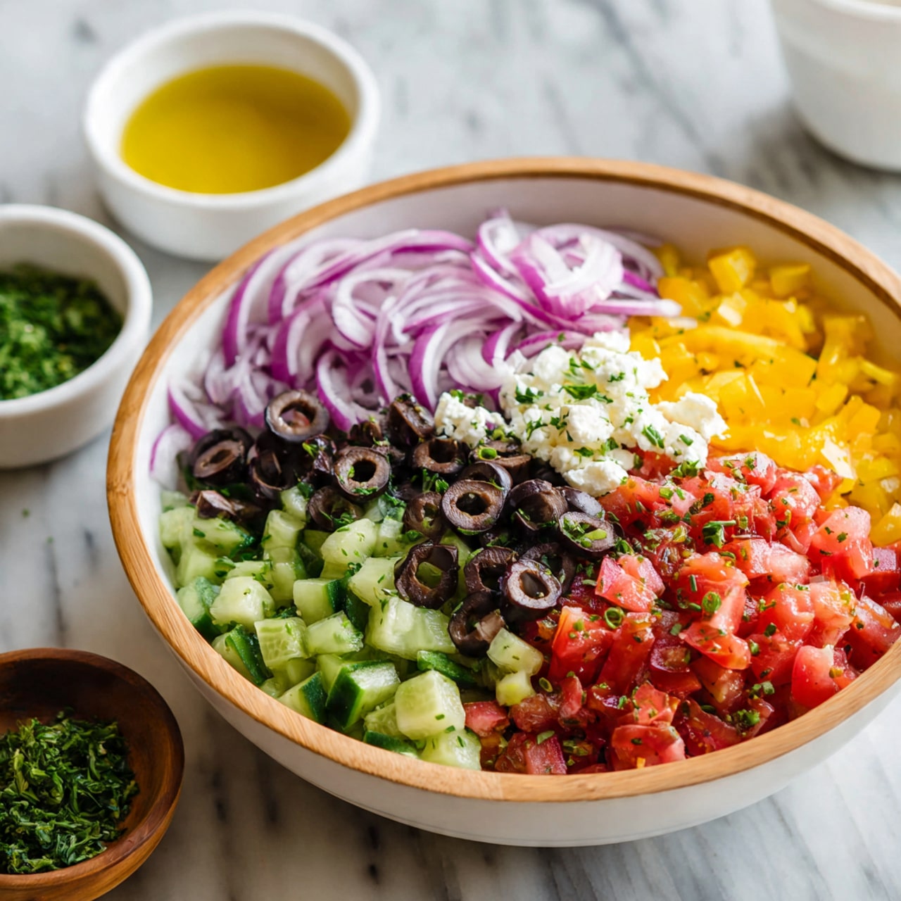A white bowl with a wooden rim is filled with a colorful salad made of many small chopped layers. The bottom layer is green cucumber cubes mixed with red tomato pieces, then topped with rings of thin purple onions. Black olive slices spread evenly across the salad add contrast, along with small white chunks of cheese scattered on top. Bright yellow bell pepper pieces and finely chopped green herbs add extra color and freshness. In the background, a white bowl with a yellow dressing and a small brown bowl with green herbs sit on a white marbled surface. Photo taken with an iphone --ar 4:5 --v 7