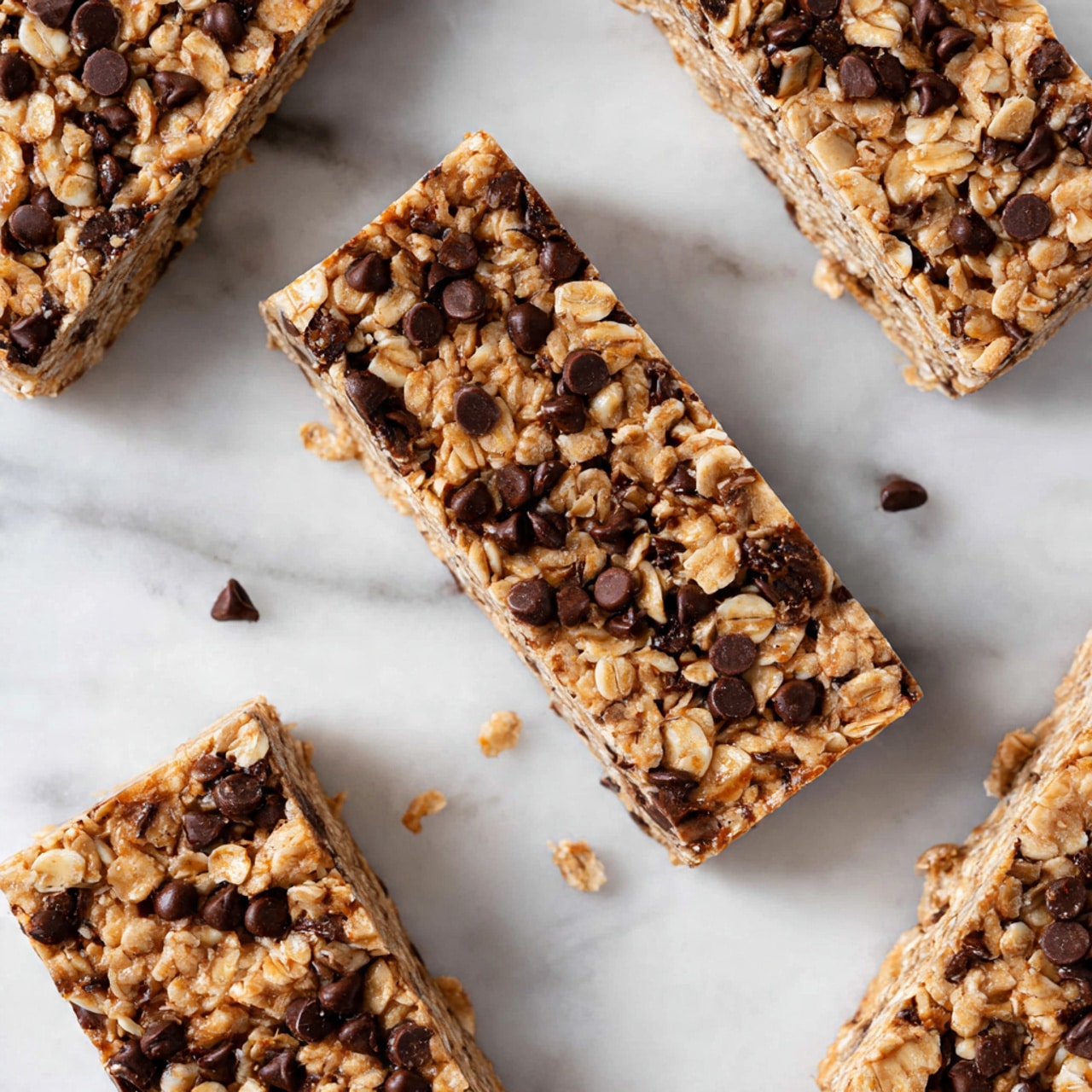 The image shows several rectangular granola bars placed randomly on a white marbled surface. Each bar has a textured top layer filled with light golden oats mixed with dark brown chocolate chips scattered evenly throughout. The bars are thick, showing a dense, slightly sticky oat and chocolate mixture all around. The edges are a bit uneven, with some small oat crumbs scattered nearby. The colors mainly include light tan from oats and rich chocolate brown from the chips. Photo taken with an iphone --ar 4:5 --v 7