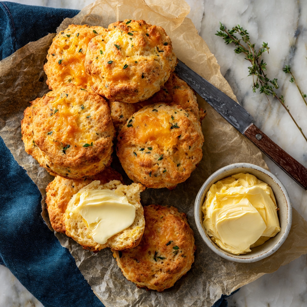Several golden brown biscuits with a rough, crumbly texture and specks of green herbs are piled slightly overlapping on a piece of parchment paper. One biscuit is split open in the front, showing a soft, fluffy inside with a layer of creamy pale-yellow butter spread on it. A small bowl filled with the same butter sits nearby with a knife resting on top. The whole scene is set on a white marbled surface with a dark blue cloth under the parchment paper. Photo taken with an iphone --ar 4:5 --v 7