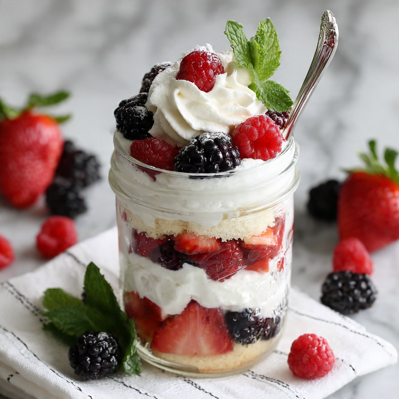 A clear glass jar filled with five layers starting with sliced strawberries and blackberries at the bottom, followed by a thick layer of white whipped cream, then a mix of whole raspberries and sliced strawberries, another thick whipped cream layer, and topped with a mix of blackberries, raspberries, and sliced strawberries. The jar is decorated with a swirl of whipped cream, a whole raspberry, a sliced strawberry, blackberries, and fresh green mint leaves on top. A silver spoon is placed inside the jar, and the jar is set on a white marbled surface with a white cloth napkin with black lines and some loose raspberries and blackberries nearby. Photo taken with an iphone --ar 4:5 --v 7
