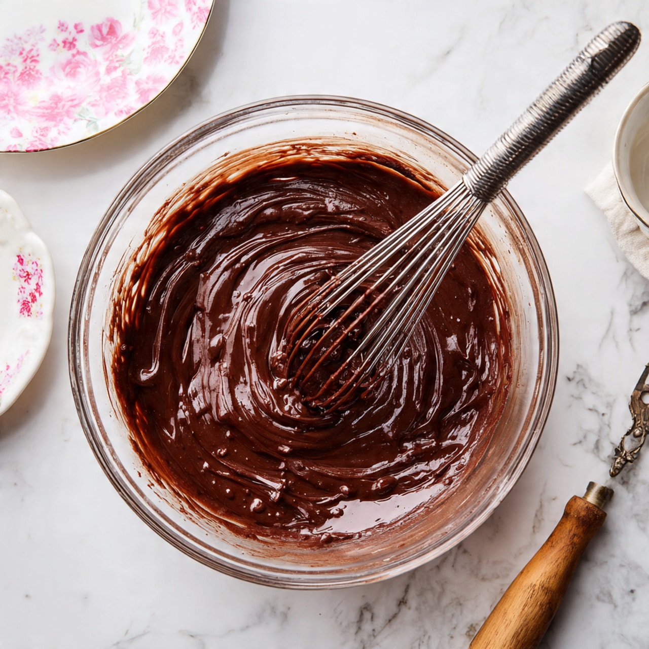 A clear glass bowl sits on a white marbled surface filled with thick, dark brown chocolate batter, showing a smooth and shiny texture with small air bubbles. A metal whisk coated with the chocolate mixture rests inside the bowl, with the batter swirling around it. Nearby, there is a small white plate with pink floral patterns partially visible, adding a soft contrast to the scene. A wooden-handled kitchen tool lies on the surface beside the bowl. The photo taken with an iphone --ar 4:5 --v 7
