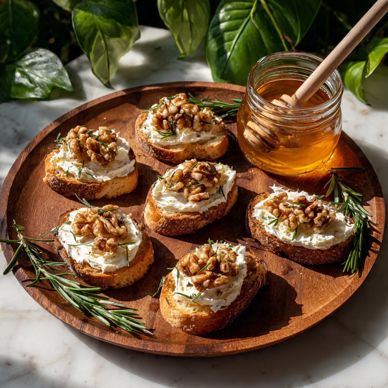 A round wooden board holds six pieces of toasted baguette slices arranged around the edge. Each toast is topped with a thick layer of soft white cheese, sprinkled with small chopped brown walnuts and green rosemary leaves. Near the top right side of the board, a clear glass jar filled with golden honey stands, with a wooden honey dipper resting inside, and some rosemary in the honey. The board and jar sit on a white marbled surface, surrounded by green leafy plants. The light is natural, showing the textures of the toasted bread, creamy cheese, and shiny honey. photo taken with an iphone --ar 4:5 --v 7