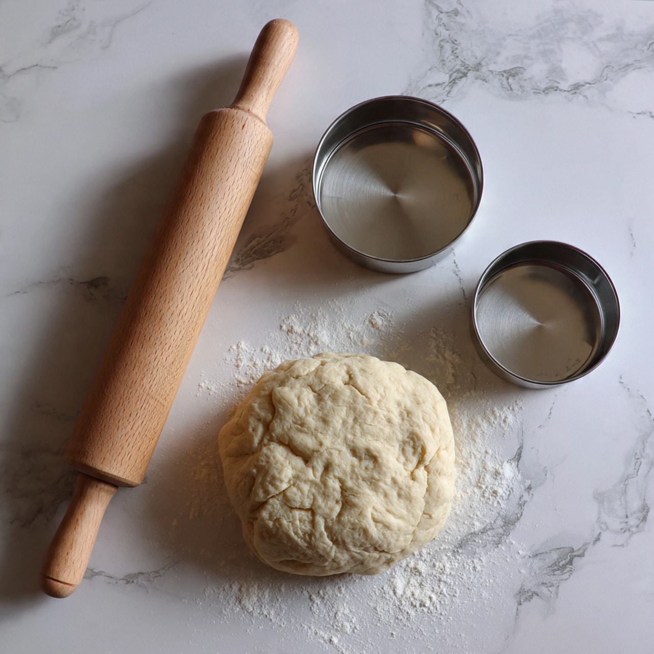 A ball of soft, light beige dough sits on a white marbled surface, with a smooth texture and slight folds on top. To the left of the dough, there is a wooden rolling pin with a light brown color and smooth finish. Above the dough, two round metal cutters are placed, one larger and one smaller, both shiny silver in color. The surface shows subtle grey and white patterns of marble. photo taken with an iphone --ar 4:5 --v 7
