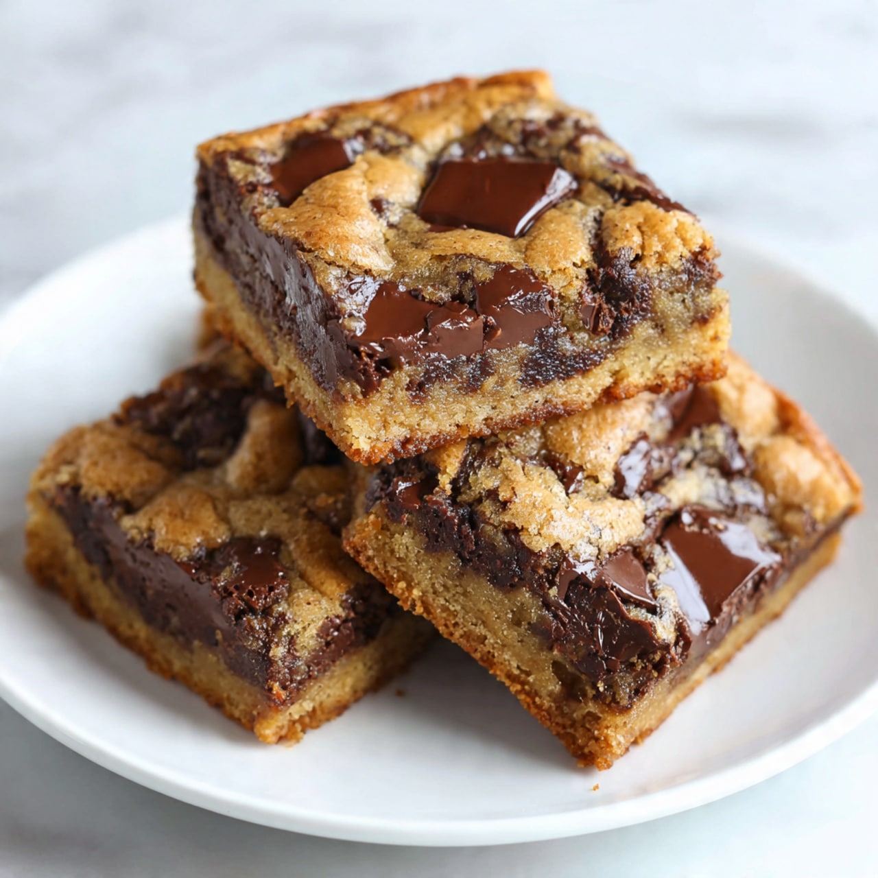 Three square pieces of cookie stacked on top of each other on a white plate, each piece showing a golden-brown baked dough with many dark chocolate chunks melted inside and on the surface. The top layer has visible, shiny melted chocolate chips that look soft and rich, while the dough looks crumbly yet moist. The background and surface are a white marbled texture, making the cookie's warm color stand out clearly. photo taken with an iphone --ar 4:5 --v 7