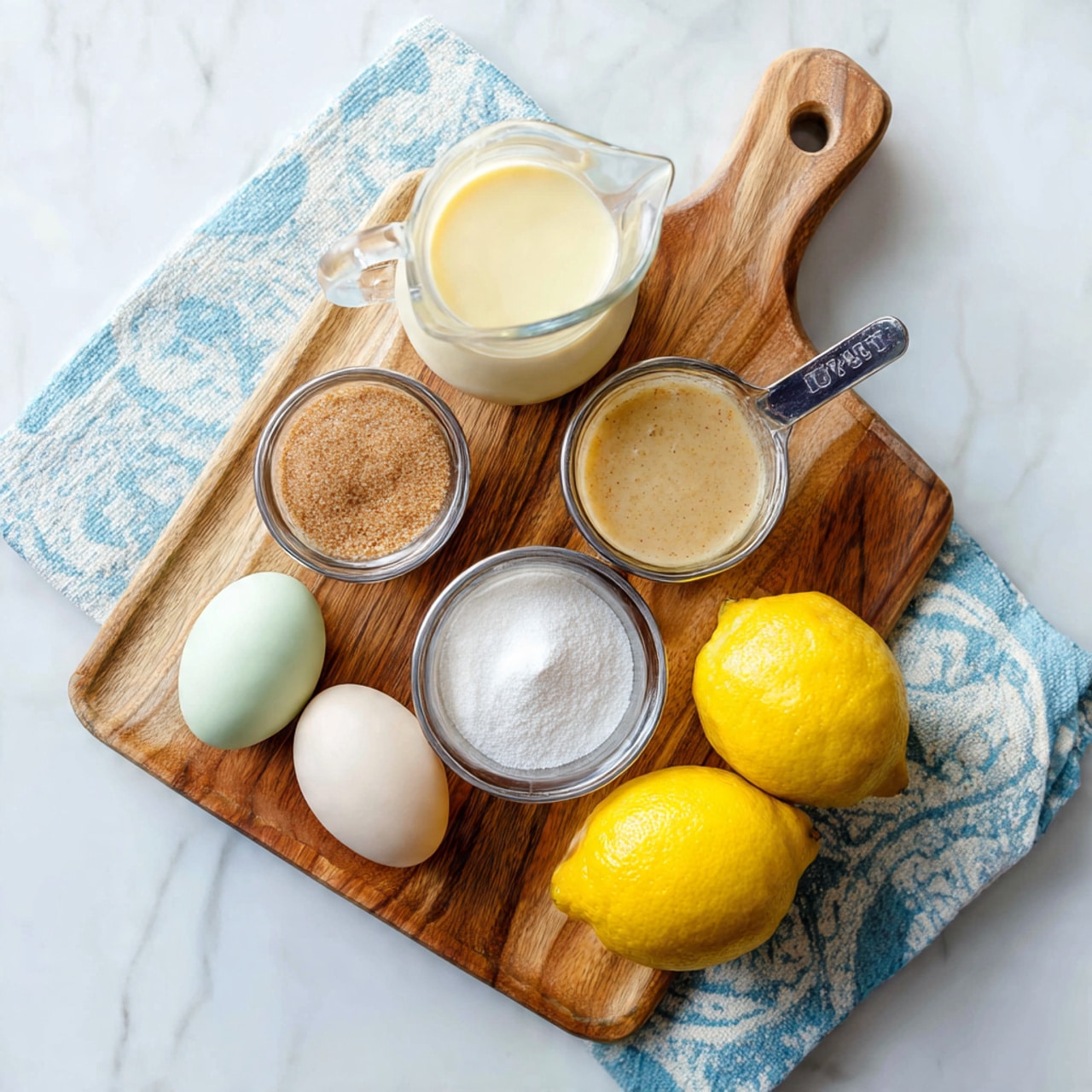 The image shows a wooden cutting board placed on a white marbled surface. On the board, from top left to bottom right, there is a small clear glass pitcher filled with cream, a small silver measuring cup with a light yellow liquid, a small glass bowl with a thick beige sauce, and a silver measuring cup filled with a white powdery ingredient. Next to these, there are three bright yellow lemons at the bottom right corner of the board. Around the board, on a light blue patterned cloth on the left side, are three eggs of different shades - white, light green, and light brown. The whole setup is bright and clean, with soft natural lighting. Photo taken with an iphone --ar 4:5 --v 7