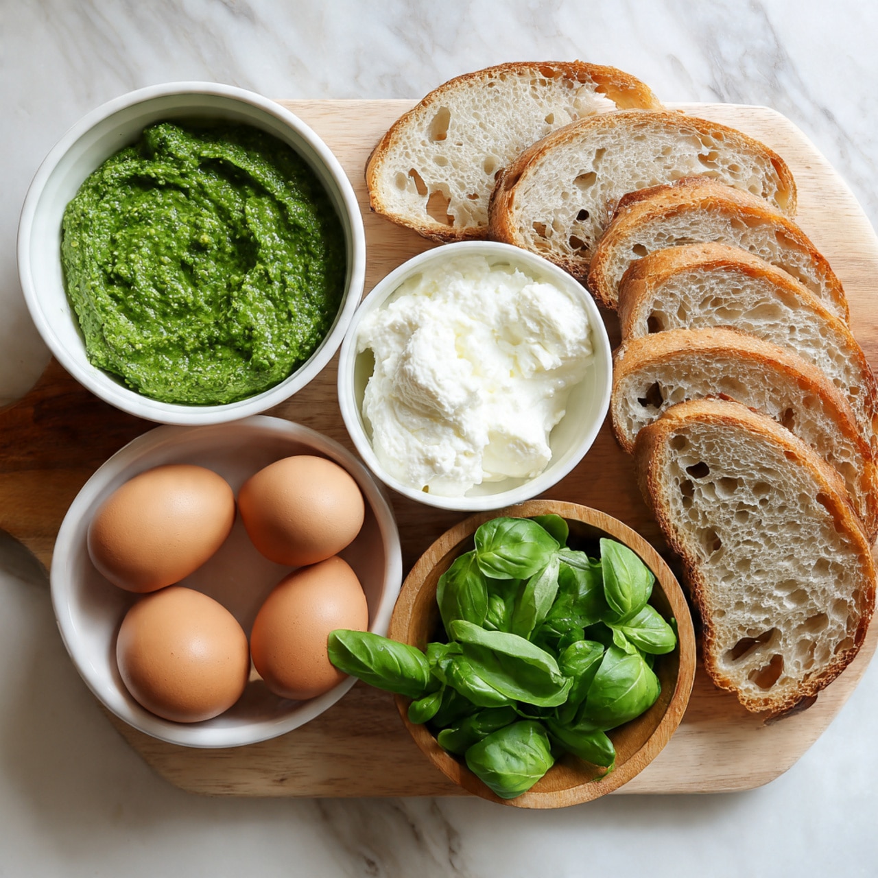The image shows a white marbled background with four small white bowls and a wooden board with slices of bread. The top left bowl contains bright green pesto sauce with a thick texture. To its right, another white bowl holds a creamy, white ricotta cheese with a slightly grainy texture. Below the pesto bowl, a white bowl holds three brown eggs with smooth shells. At the bottom right, a small wooden bowl is filled with fresh, vibrant green basil leaves. The wooden board in the top right corner has several slices of light brown bread with visible air holes and crusty edges. Photo taken with an iphone --ar 4:5 --v 7