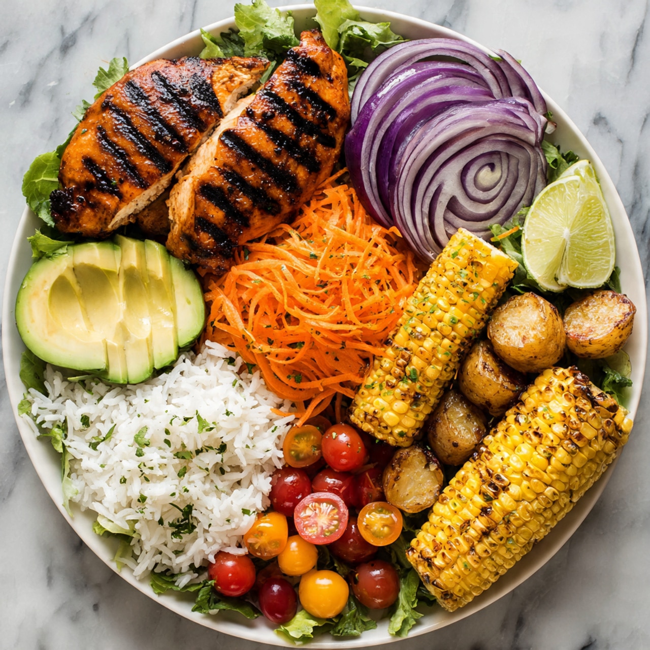 A white plate on a white marbled surface holds a colorful layered salad. The bottom layer is fresh green lettuce leaves. On top of it, there are white rice grains sprinkled with fresh herbs on one side, bright orange shredded carrots next to it, and sliced grilled chicken pieces with a slightly charred brown color on the other side. Cherry tomato halves in bright red, purple onion rings, and chunks of grilled yellow corn add more color on top. Slices of green avocado are placed on the edge. A silver fork rests on the plate, and above the plate, there is half a lime and a squeezed lime shell. A small white cup with green dressing or sauce is on the top left. Photo taken with an iphone --ar 4:5 --v 7